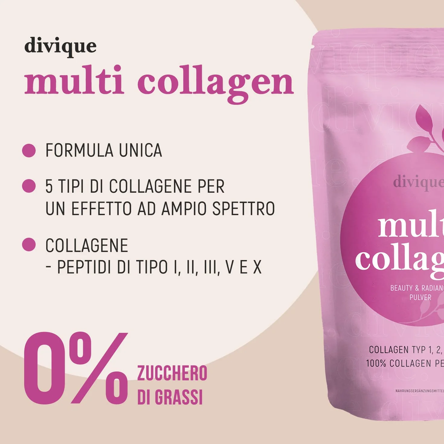 Divique Complesso Premium Polvere di Collagene Tipo 1,2,3,5,10 500g Peptidi Idrolizzati 100% 10.000 mg Insapore
