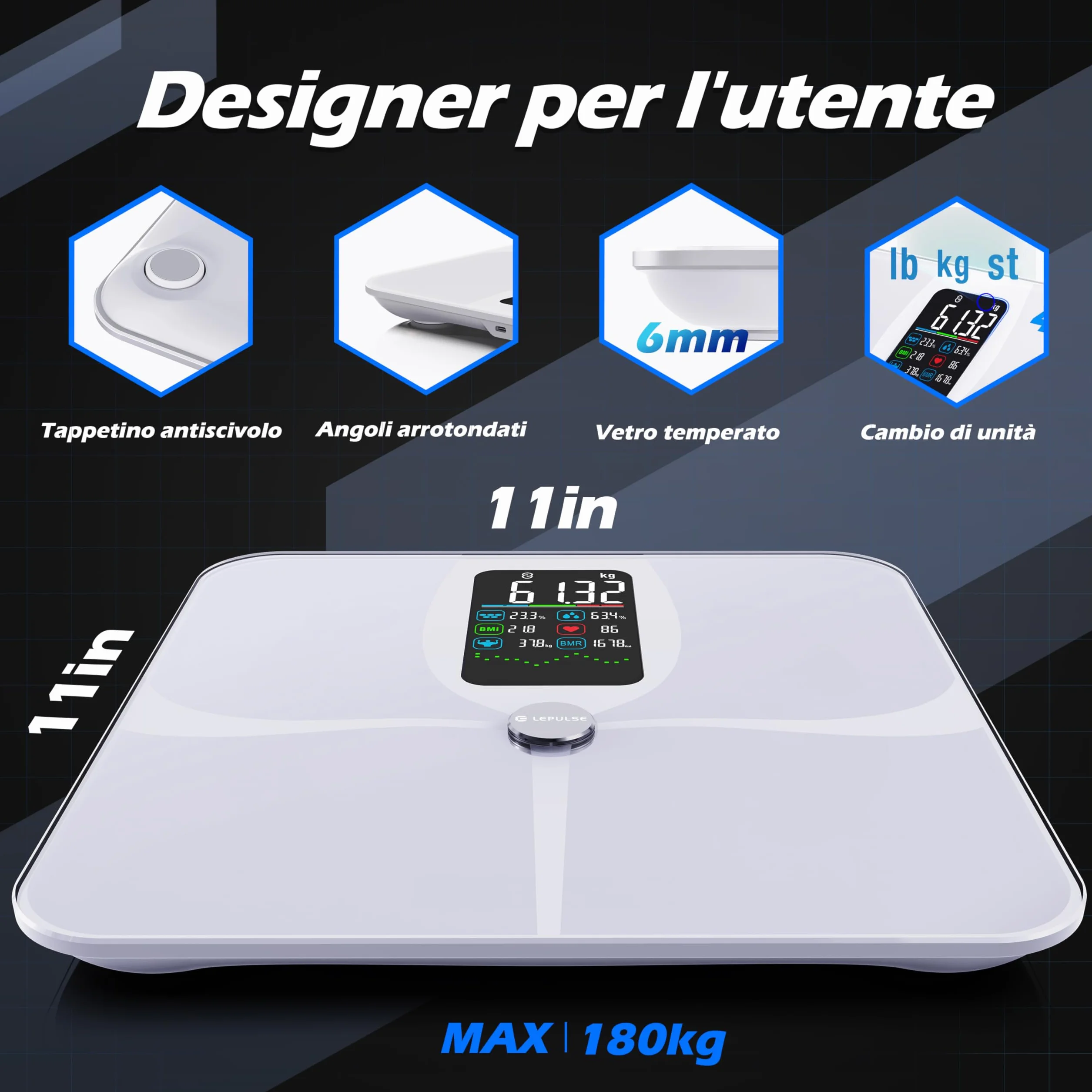 Lepulse Bilancia Impedenziometrica Intelligente Display Grande, Analisi Grasso Corporeo, Massa Muscolare, IMC, 22 Misurazioni con App