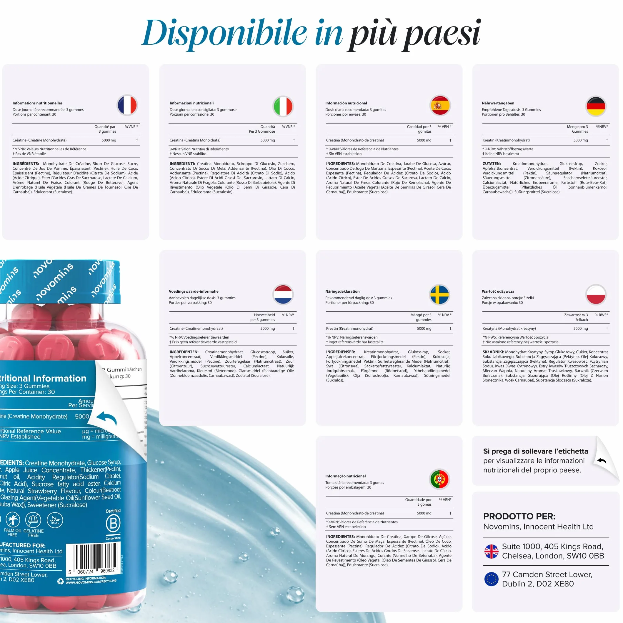 Creatina Monoidrata Gommose – 5000 mg per Porzione ad Alta Forza – Aumenta le Prestazioni Fisiche – Alternativa a Polvere, Compresse e Capsule – Vegana, Gusto Fragola – 90 Gommose – Novomins