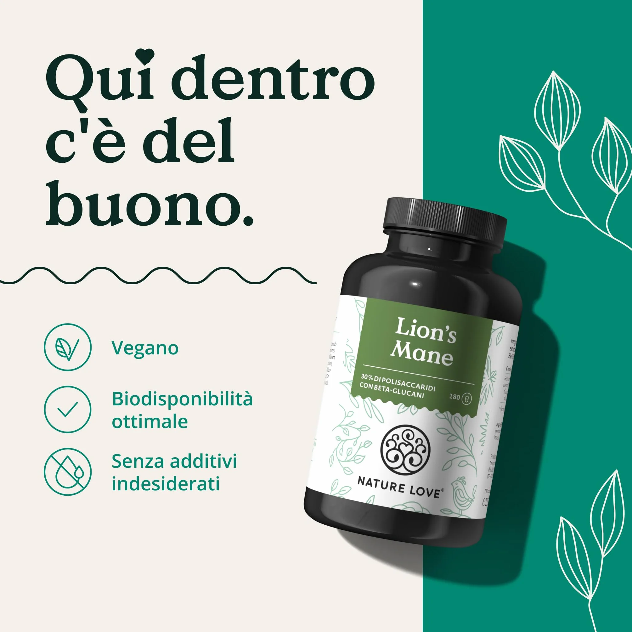 NATURE LOVE® Lions Mane (Hericium Erinaceus) - 180 capsule - Alto dosaggio, 1500mg/dose giornaliera - 30% di polisaccaridi e 5% di beta glucani - Vegano, testato in laboratorio e made in Germany