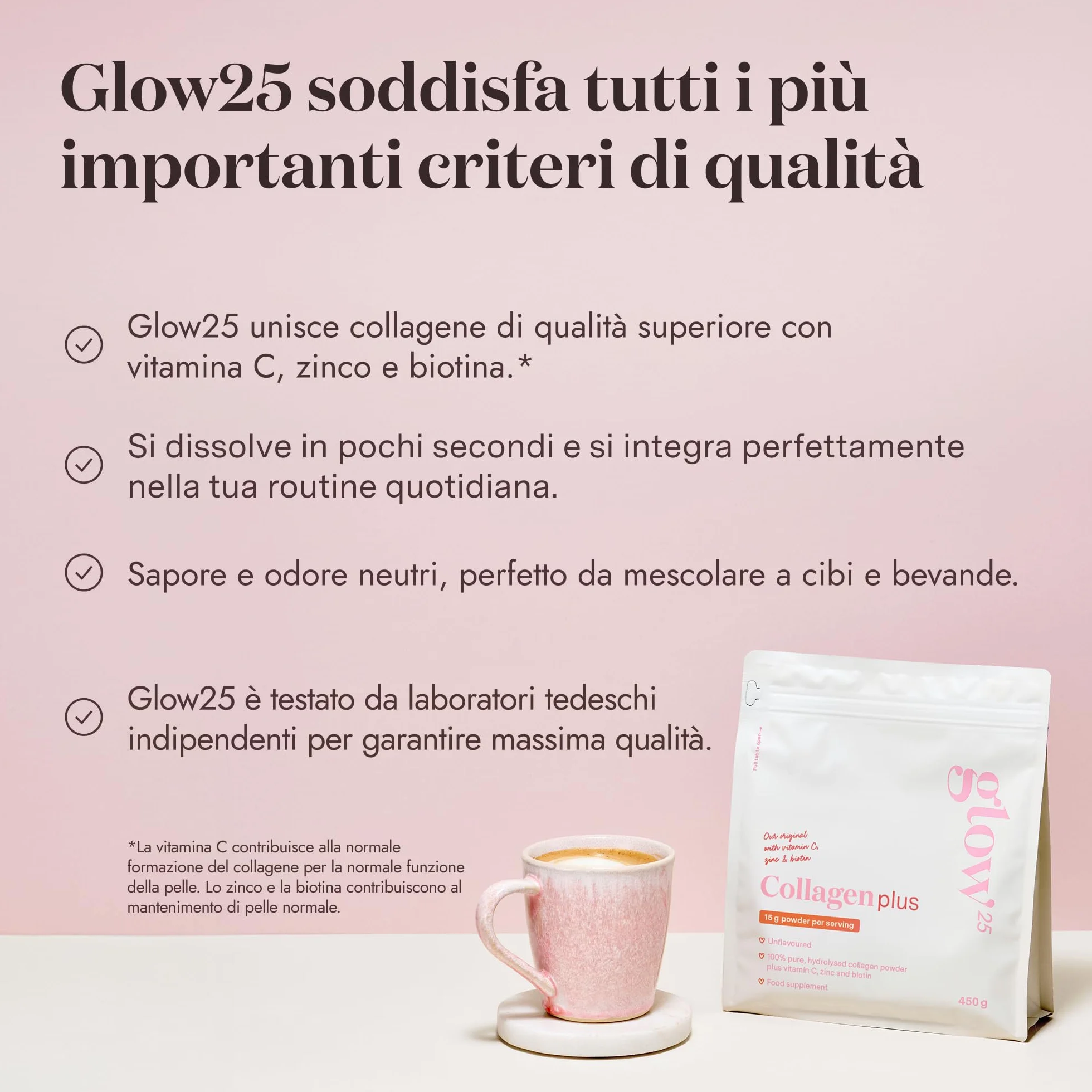 Glow25® Collagen Plus 450 g – Peptidi di collagene di tipo I e III con vitamina C, zinco e biotina – Formula idrolizzata ad alta biodisponibilità – Collagene in polvere