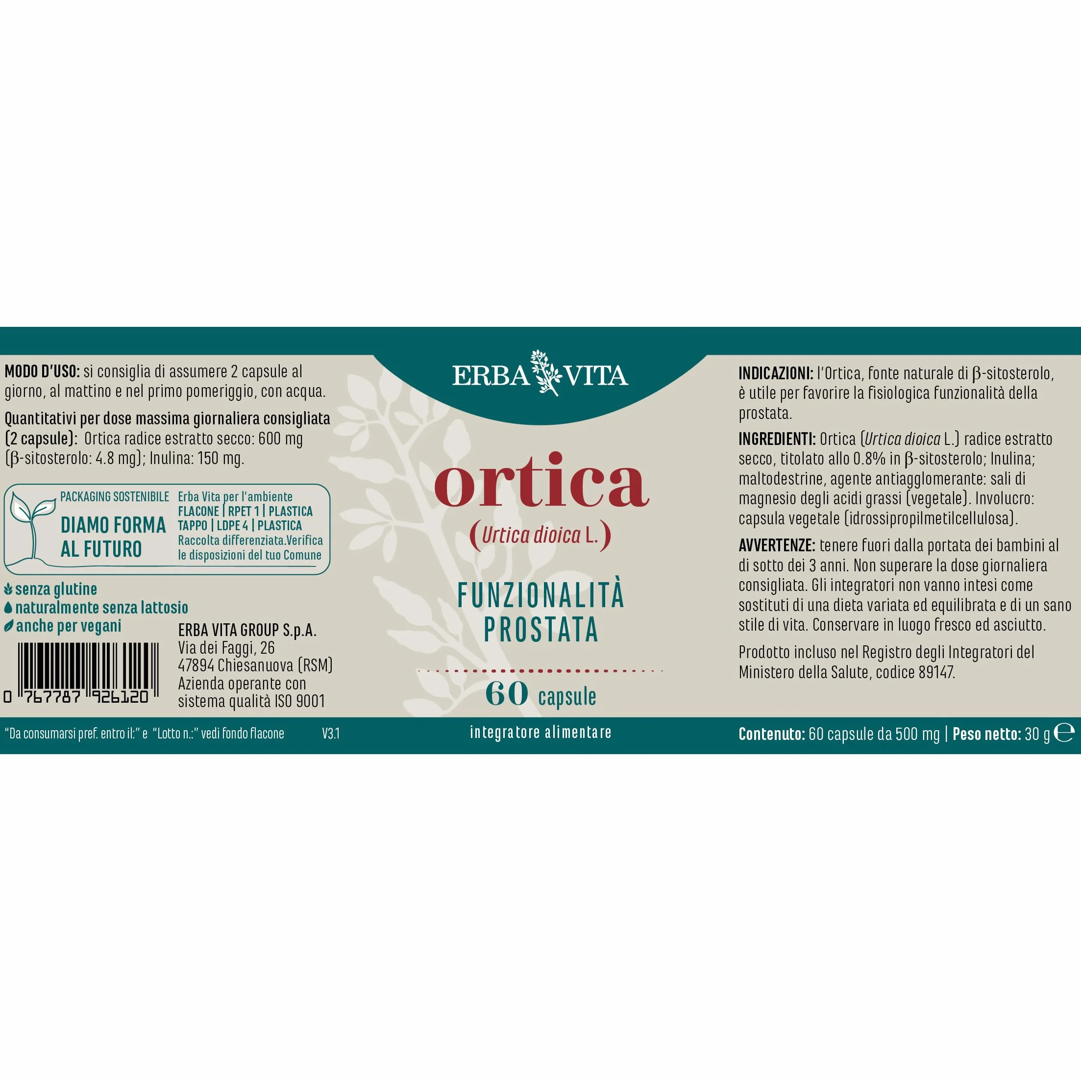 ERBA VITA Integratore Alimentare di Ortica 60 Capsule