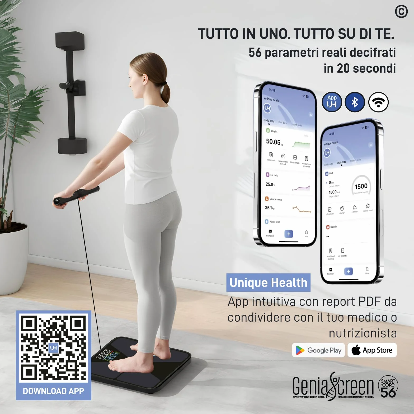 Bilancia Impedenziometrica Smart Wi-Fi Pesapersone Digitale 56 Misurazioni Vetro Temperato 32x30cm 180Kg GeniaScreen SmartCore Display LED Bluetooth