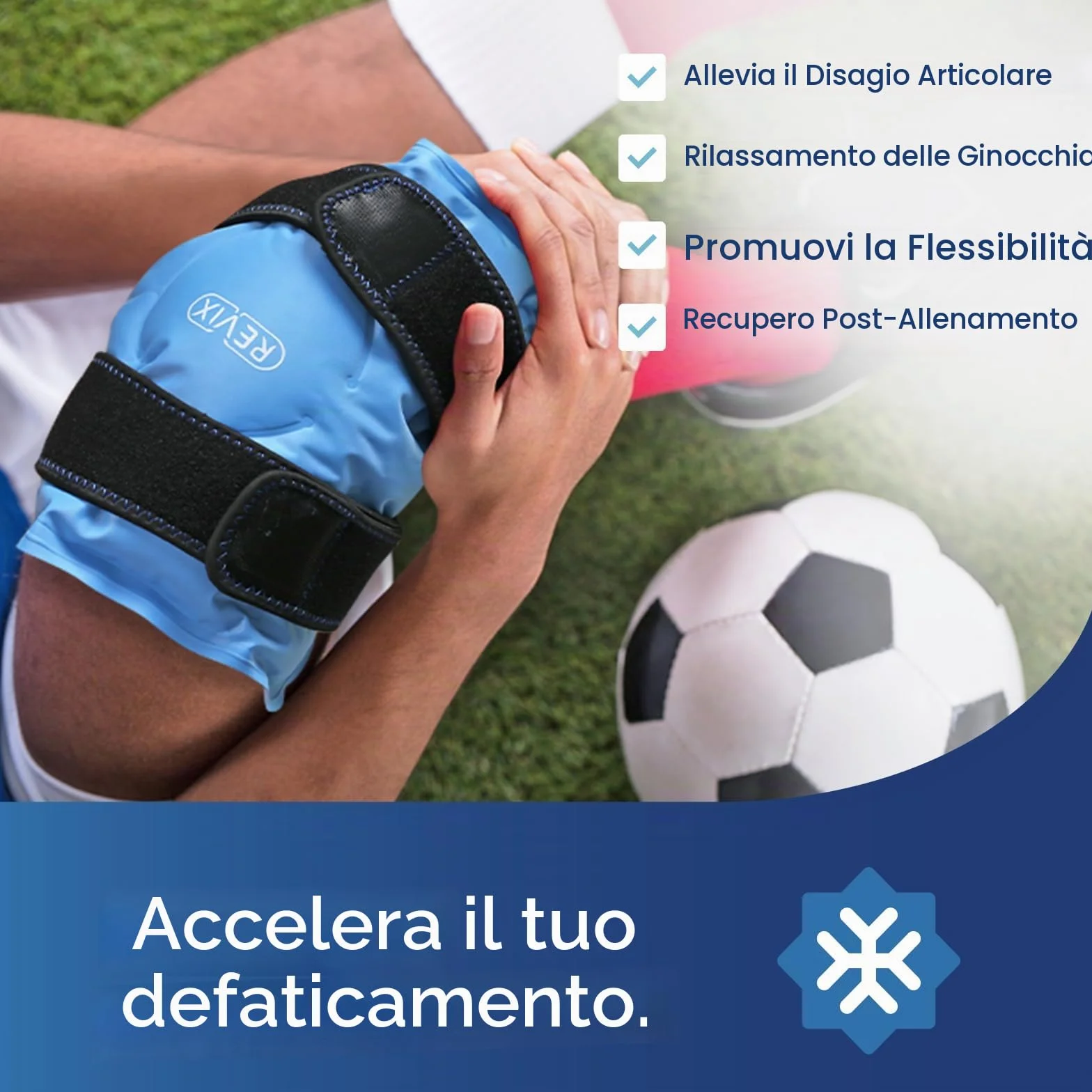 REVIX Fascia Ghiaccio per Ginocchio – Impacco Gel Riutilizzabile con Cinturini Regolabili, Copertura Vellutata, Uso a Mani Libere per Ginocchia, Polpacci, Gomiti, Ghiaccio Gel Freddo