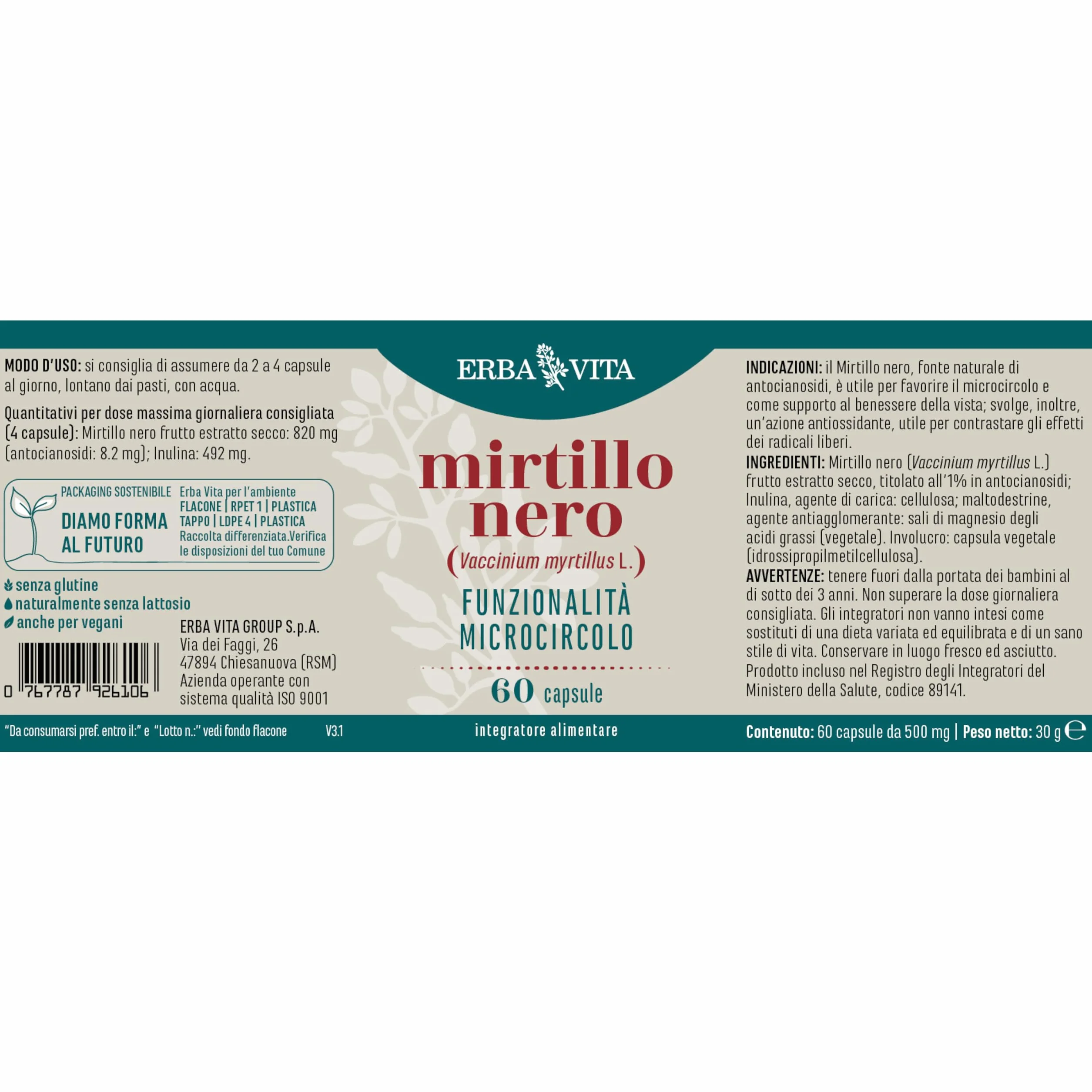 ERBA VITA Integratore Alimentare Di Mirtillo Nero 60 Capsule