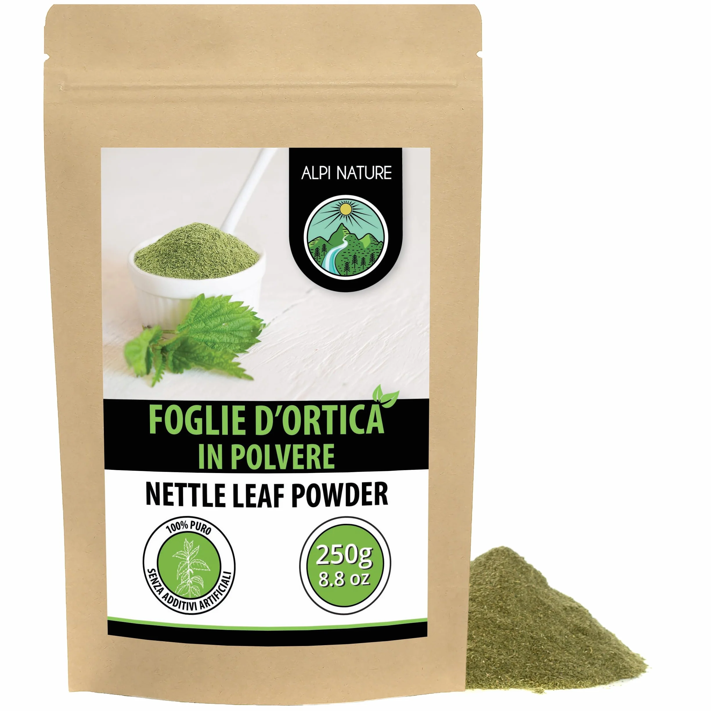 Alpi Nature Ortica Foglie in Polvere 250g, Foglie di Ortica Essiccate e Macinate, Urtica dioica