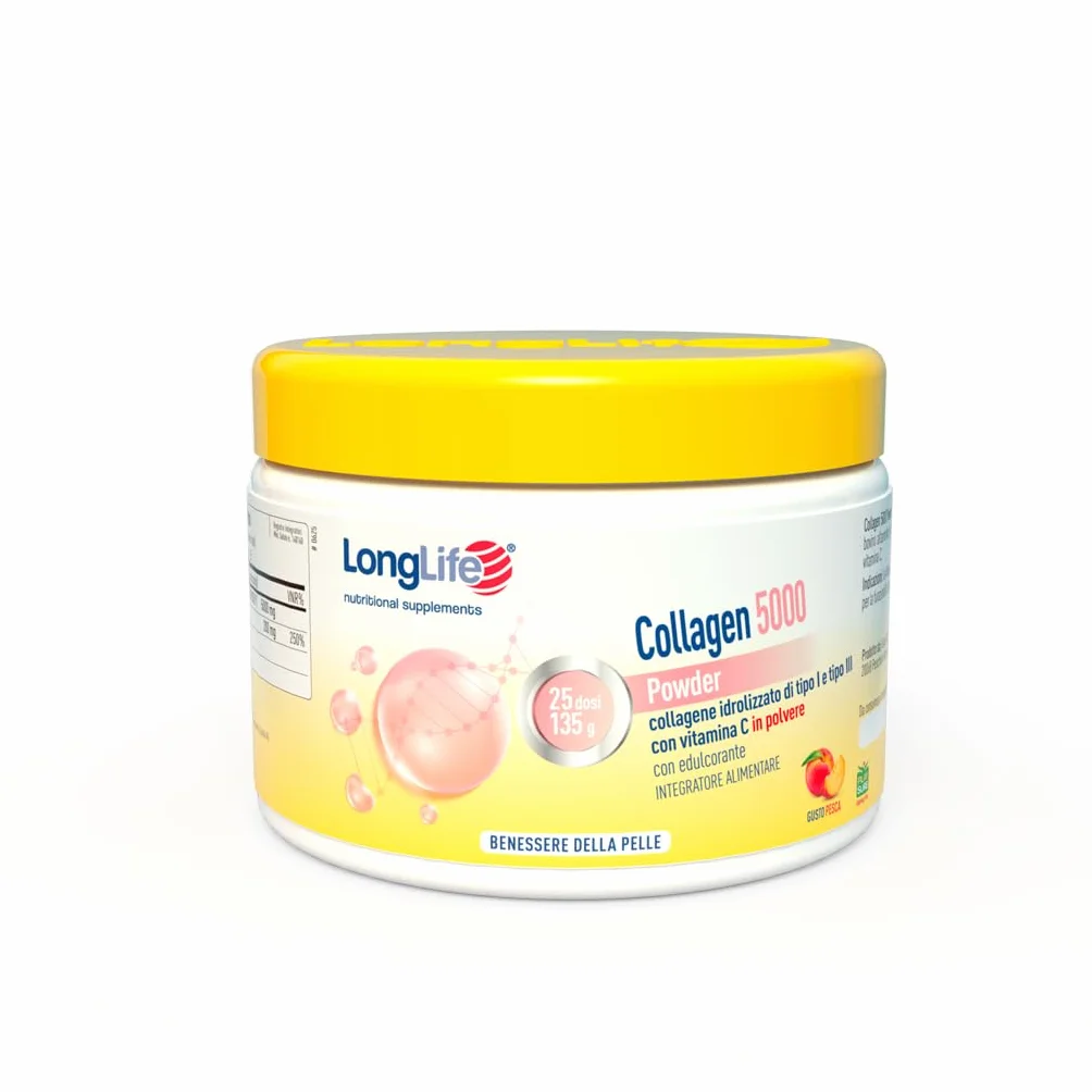 LongLife® Collagen 5000 Powder 5000 mg Verisol® Vitamina C Pelle 25 dosi Gusto pesca Senza glutine
