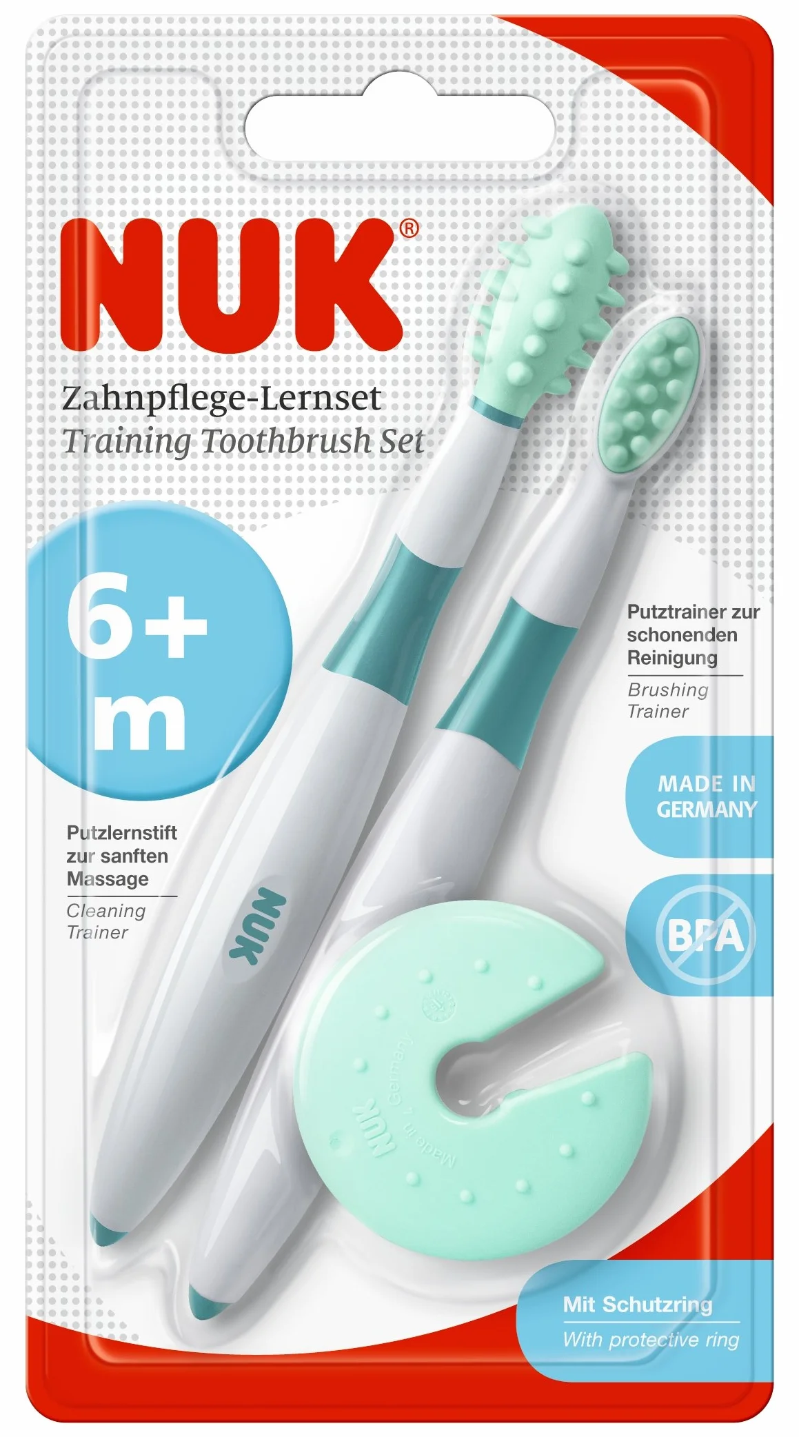 NUK Set di spazzolini da denti per imparare | 6+ mesi | Spazzolino da denti e spazzolino da denti per imparare per bambini | Anello protettivo e portaspazzolino | Senza BPA | 3 pz