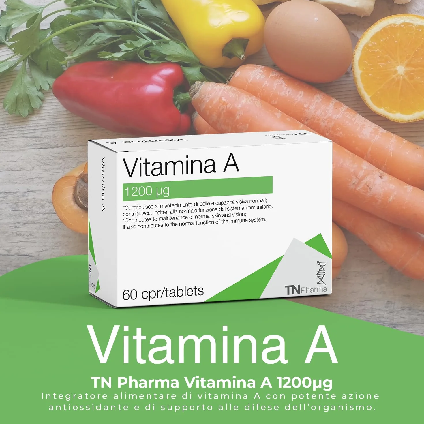 Tn Pharma Vitamina A, 1200 µg, 60 Compresse, Integratore Alimentare, Senza Glutine e Lattosio, Per Sistema Immunitario, Vista e Pelle