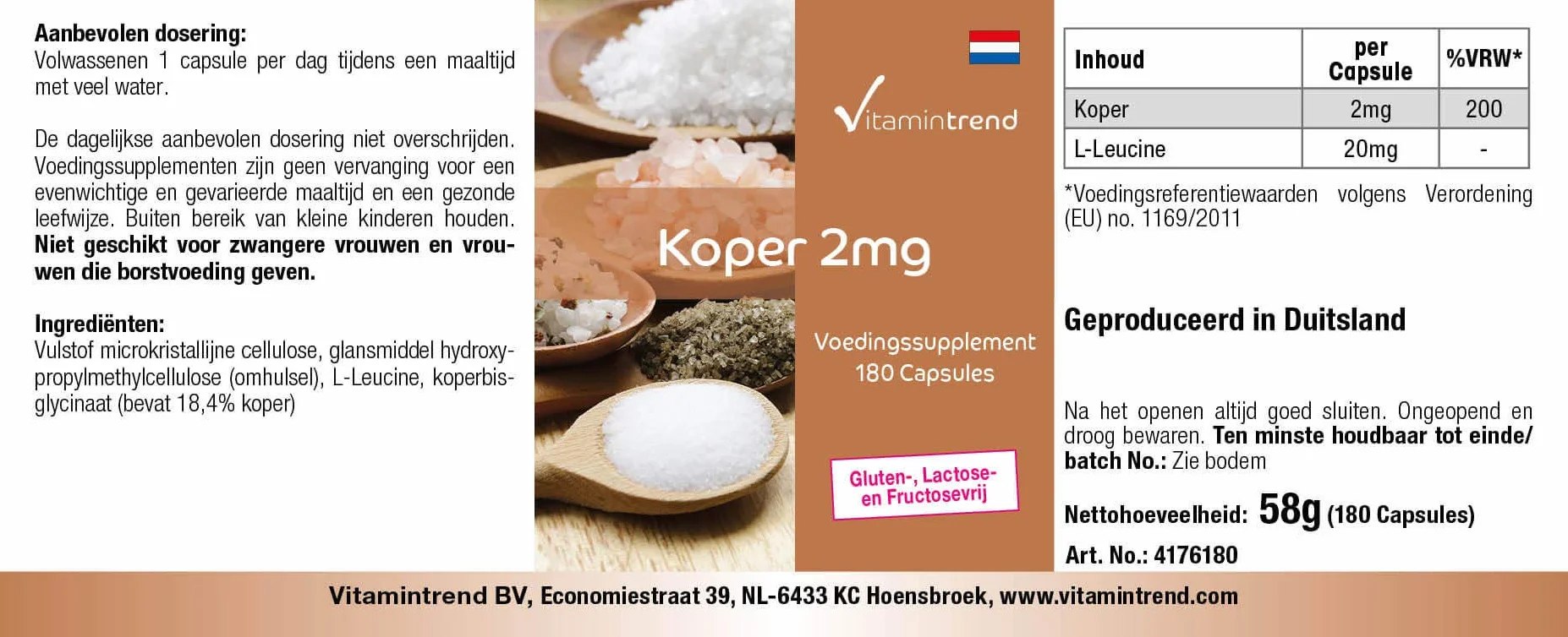 Vitamintrend rame 2 mg, 180 capsule, facili da deglutire, ad alto dosaggio, integratore alimentare vegano senza magnesio stearato, prodotto in Germania