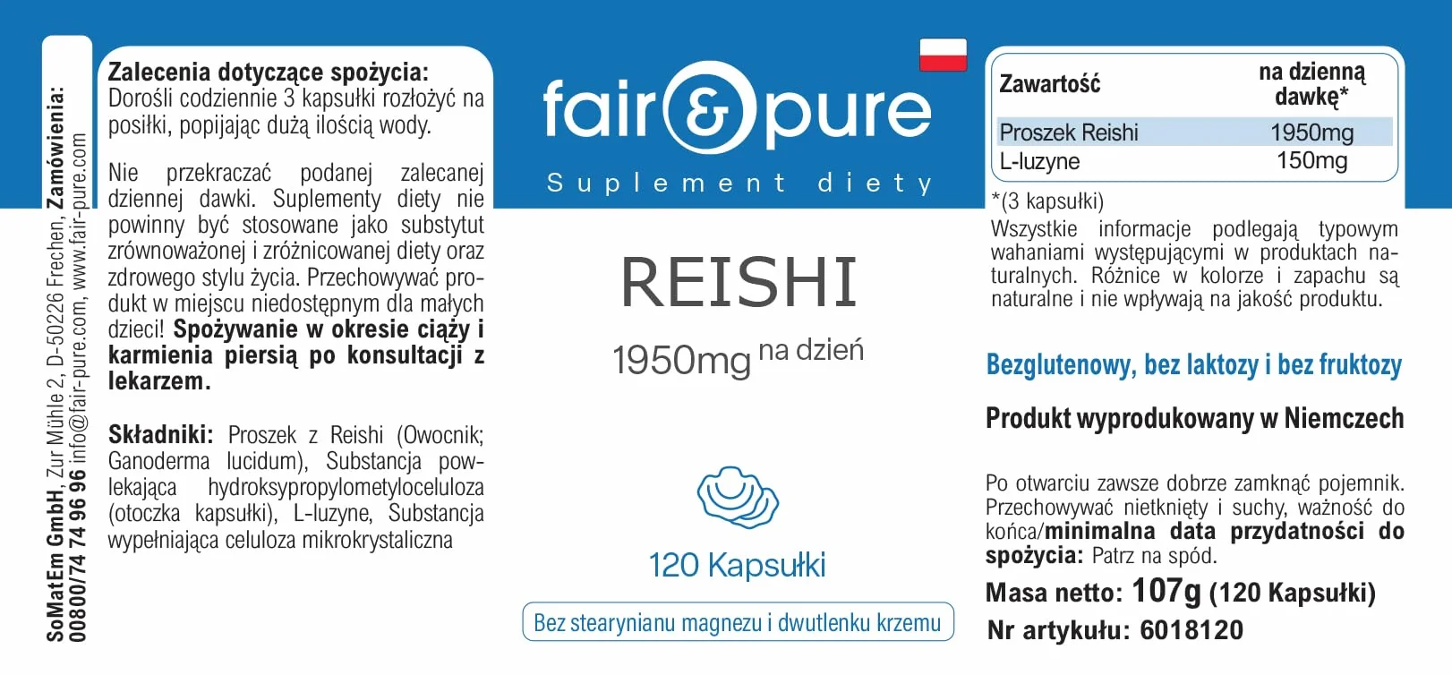 Fair & Pure® - Capsule di Reishi 1950 mg - 120 capsule - Ganoderma lucidum - Fungo medicinale - Altamente dosato - Vegano
