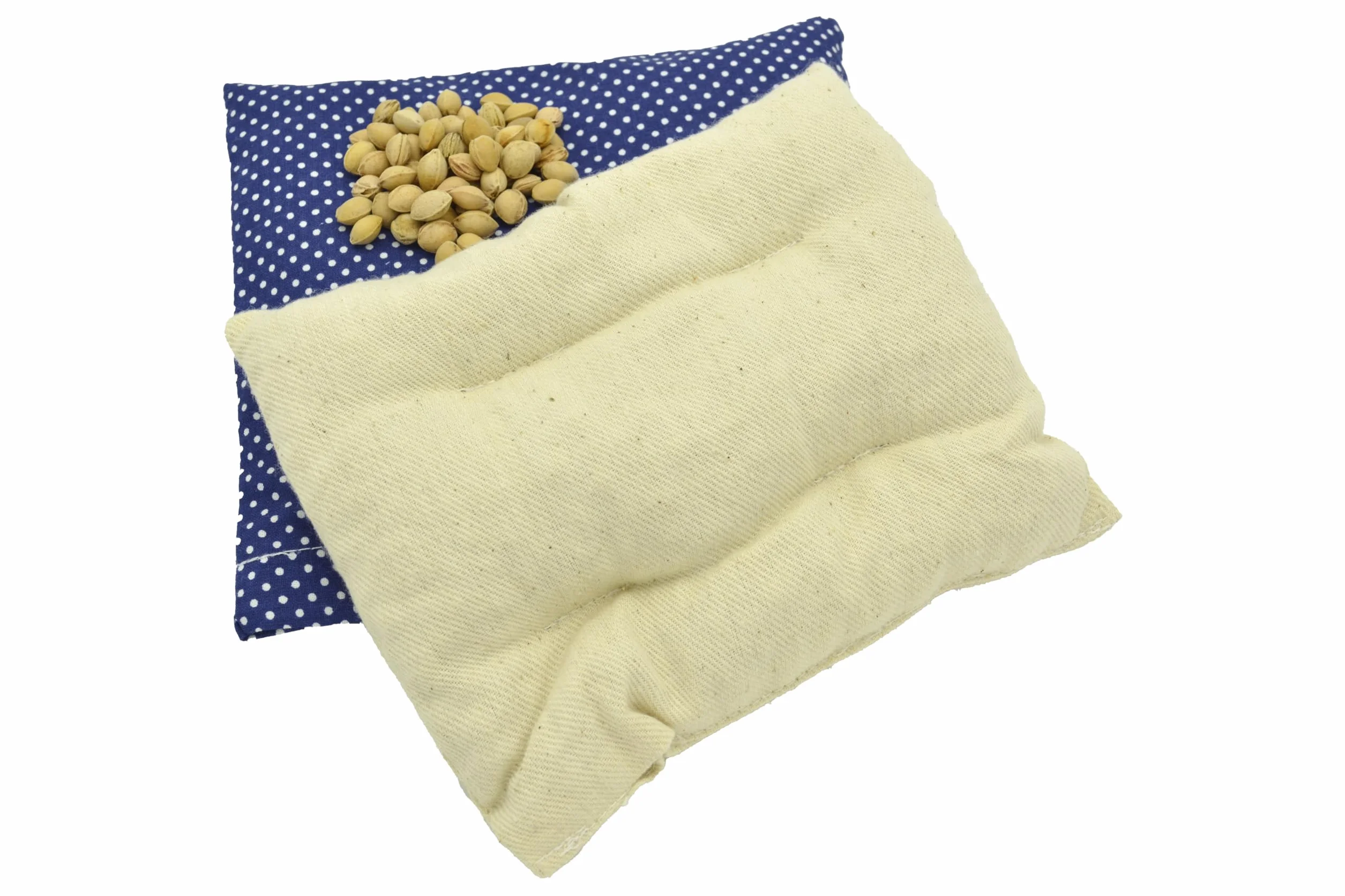 Cuscino termico ai noccioli di ciliegia 19×18 cm – dispositivo medico di classe I CE in cotone, applicazione caldo e freddo, blu con puntini bianchi