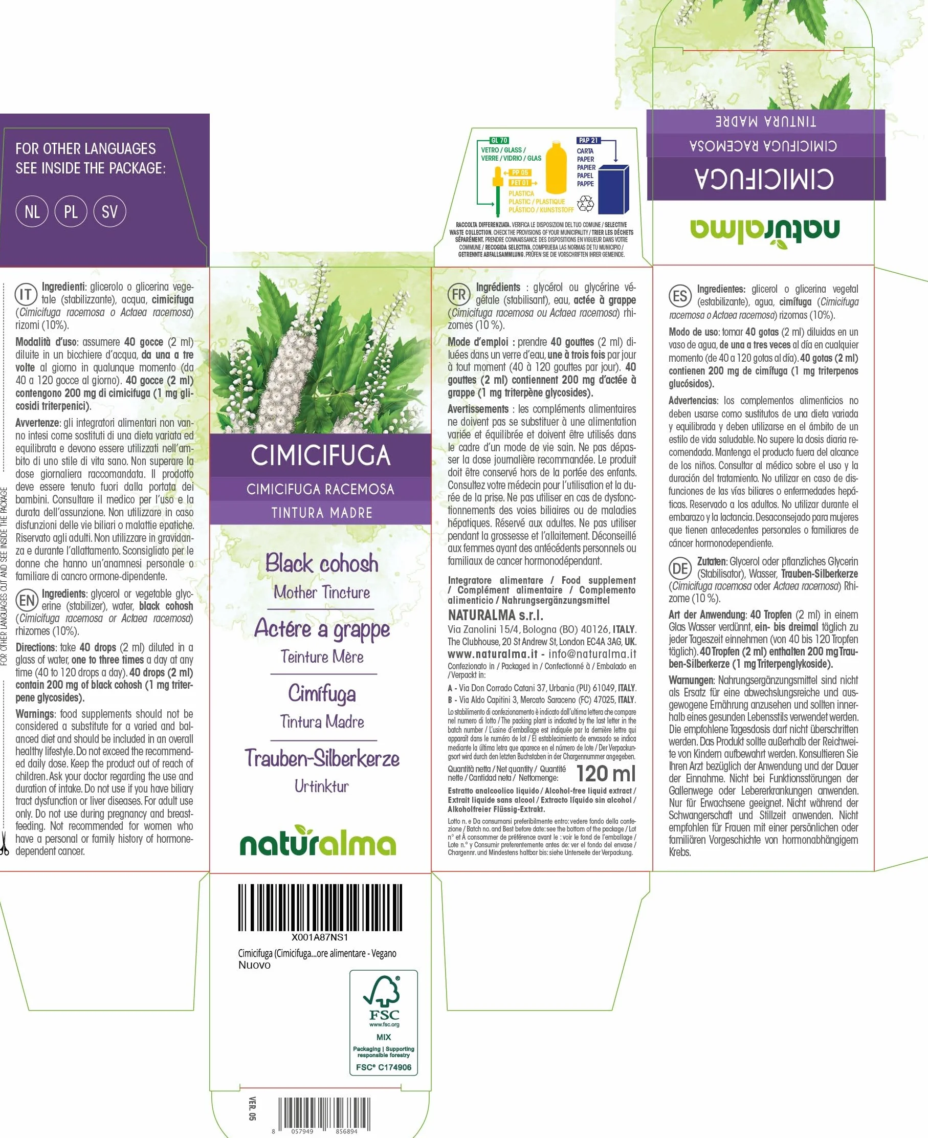 Cimicifuga Tintura Madre analcoolica 120 ml Integratore alimentare Vegano