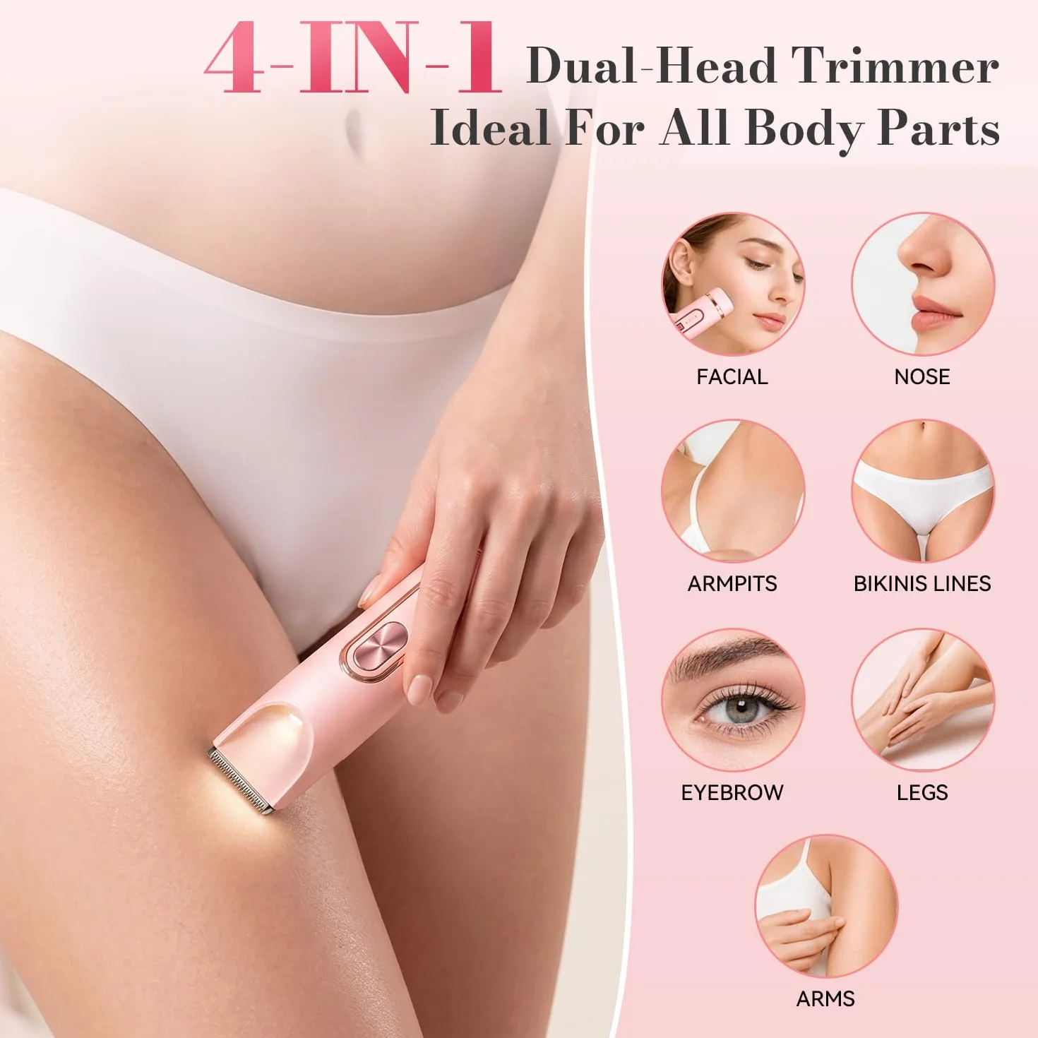 JTF Rasoio Elettrico Donna 4-in-1,Depilatore per Parti Intime, Bikini, Viso, Ascelle, Gambe e Braccia – IPX7 Impermeabile,Ricaricabile USB, Uso Bagnato e Asciutto (Rosa)