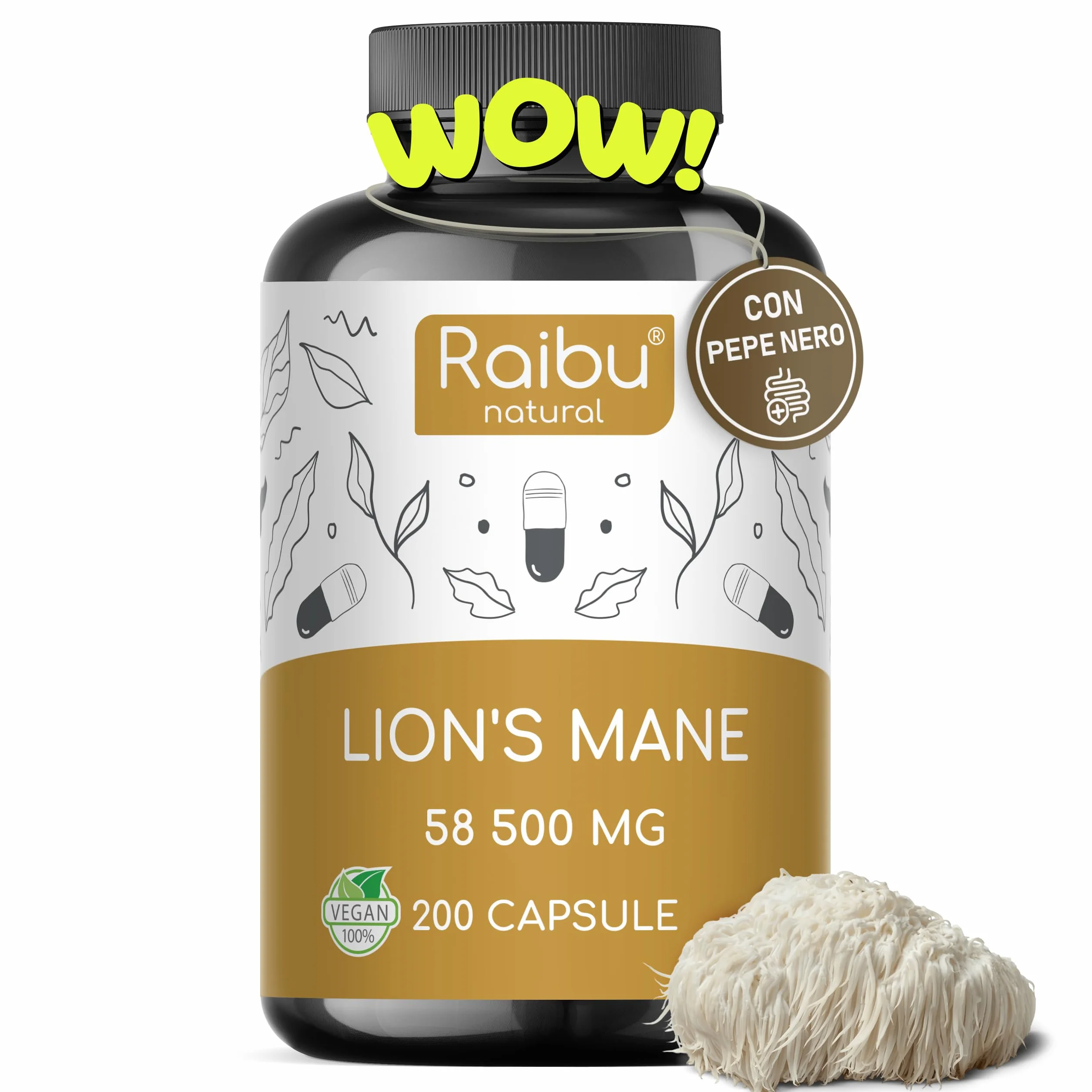 Lions Mane 58.500 mg (Estratto 30:1) Capsule - Per il Cervello, il Benessere e l’Umore - Hericium Erinaceus, Vitamina C e Pepe Nero - 30% Polisaccaridi, 5% Beta-Glucani - Raibu