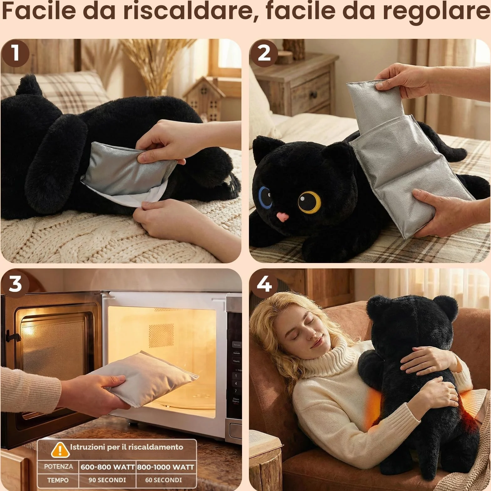 Mewaii Peluche Gatto Nero Riscaldabile e Ponderato da 23 Pollici con Cuscinetto Rimovibile – Peluche Morbido da Abbraccio per Bambini e Adulti, Regalo Soffice e Caldo per Tutte le Stagioni