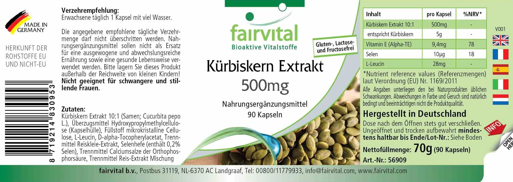 Fairvital | Estratto di semi di zucca 500 mg - 90 capsule - concentrato 10 volte con selenio e vitamina E - altamente dosato - vegano