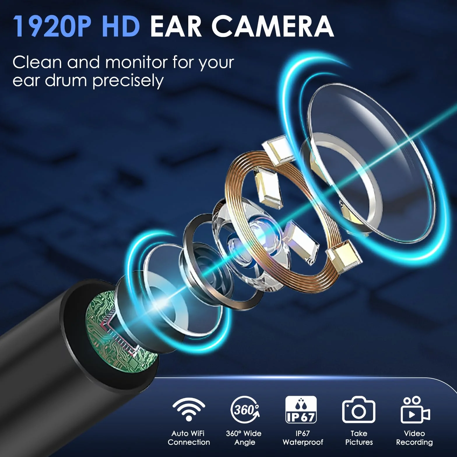 Otoscopio Pulizia Orecchie con Telecamera Ultra HD 1920P 3,5mm WIFI IP67 Impermeabile Compatibile Android IOS Nero