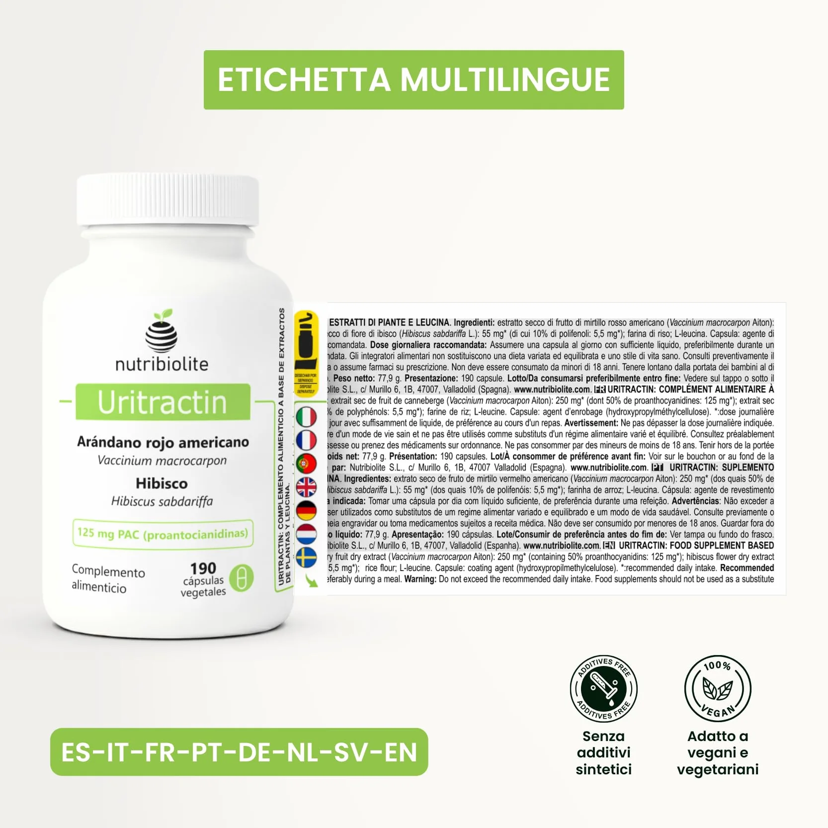 Mirtillo Rosso Americano Cranberry con Ibisco 125 mg di PAC Proantocianidine - Vie Urinarie - 190 Capsule - Senza Additivi +6 Mesi | Uritractin Nutribiolite
