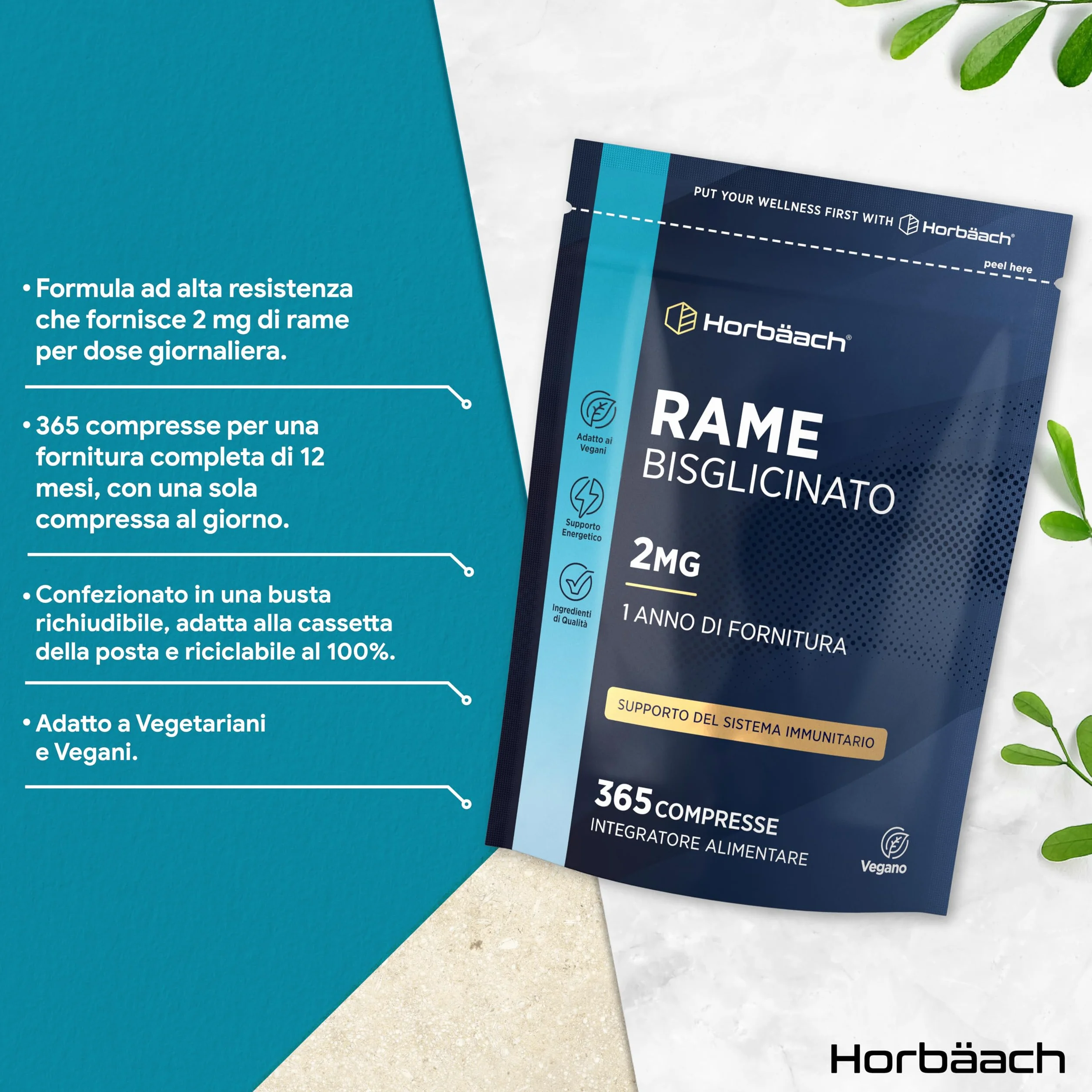 Rame Integratore 2mg | 365 Compresse Vegane per 1 Anno | Alternativa a Rame Integratore Capsule | Integratore Alimentare ad Alto Dosaggio | Chelated Copper Supplement | di Horbaach