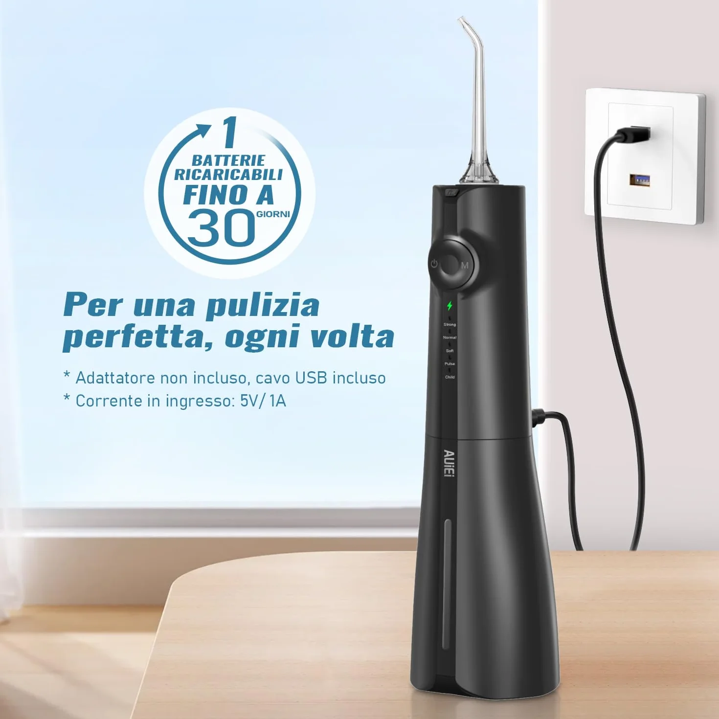 AUIEI Idropulsore dentale senza fili, irrigatore orale IPX7, serbatoio 300 ml, 5 modalità, 8 ugelli, Nero