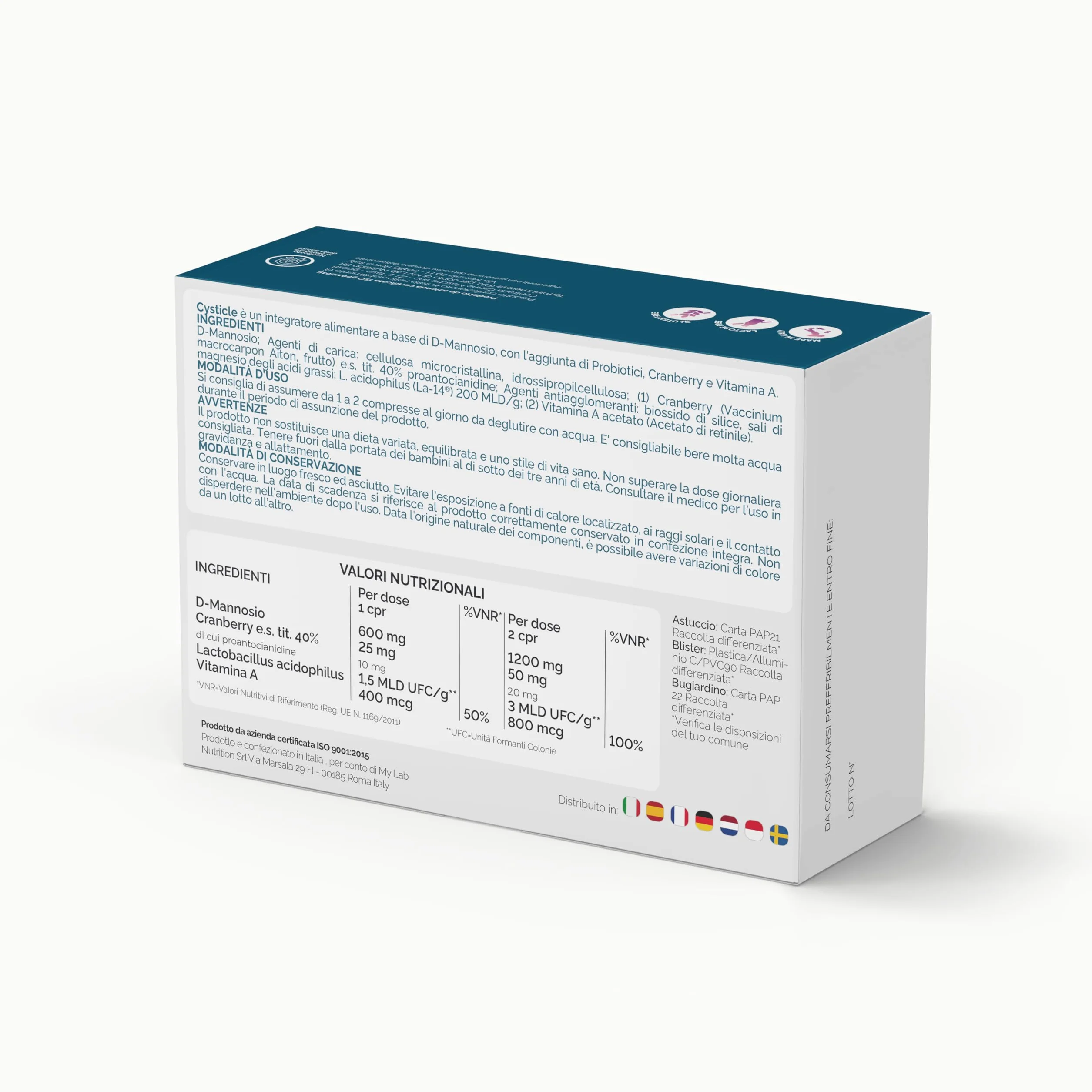 CYSTICLE | D-Mannosio Puro 1200mg | Integratore Cistite, con Mirtillo Rosso, Probiotici e Vitamina A | Per Candida e Infezioni Vie Urinarie | Vegan, Senza Glutine (60 compresse (Confezione da 1))