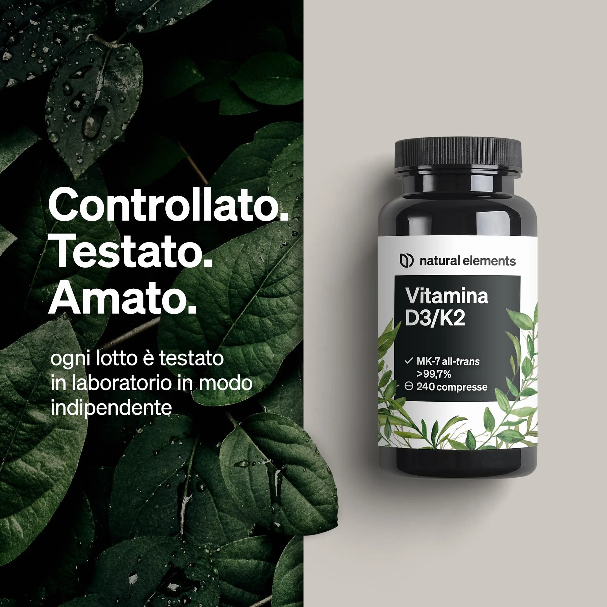 Vitamina D3 + K2 – MK-7 all-trans >99,7% e vitamina D3 2.000 U.I. – 240 compresse – ad alto dosaggio, elevata biodisponibilità – senza additivi inutili