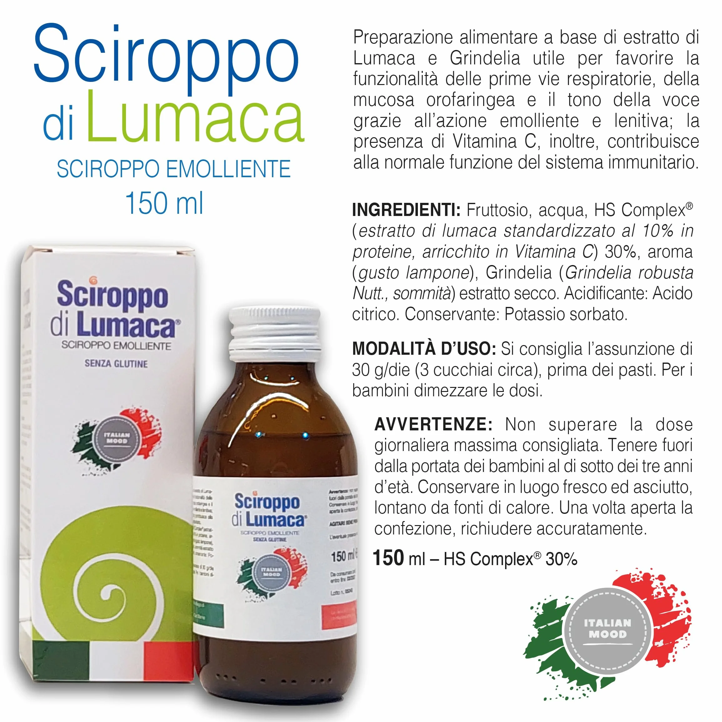 Italian Mood - Sciroppo di Lumaca 150 ml, Integratore Alimentare con Estratto di Lumaca e Grindelia per le Vie Respiratorie, con Vitamina C