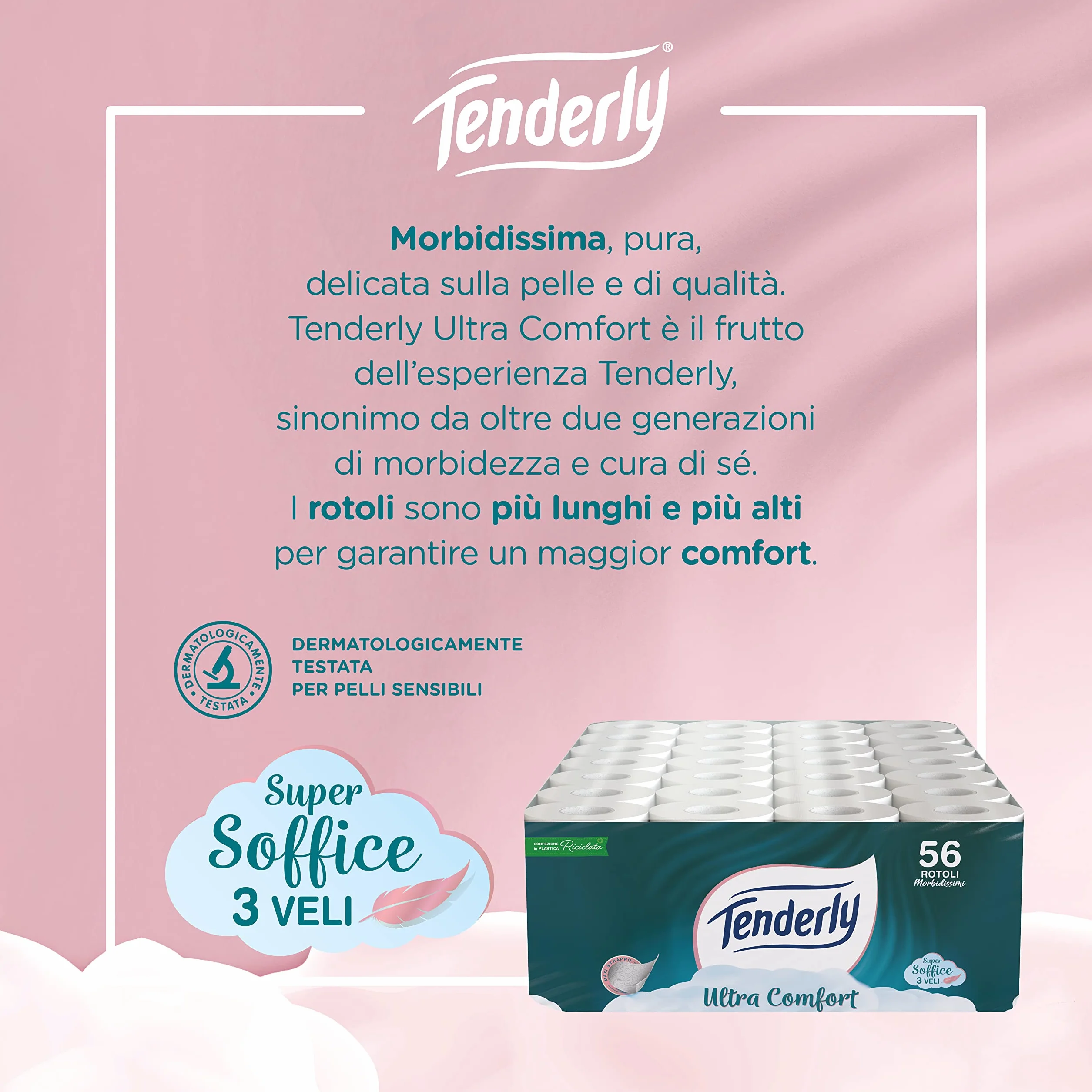 Tenderly Carta Igienica 3 Veli 56 Rotoli 200 Strappi Delicata sulla Pelle