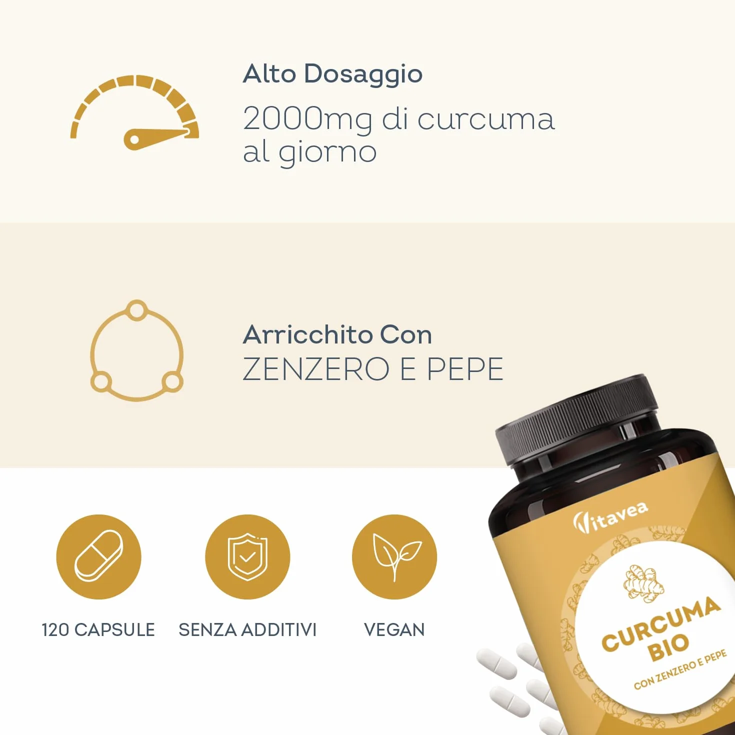 Curcuma Bio 2000 mg con Zenzero e Pepe Nero 120 Capsule Vegane Integratore di Curcumina Antiossidante Naturale Articolazioni Digestione Fegato Vitavea
