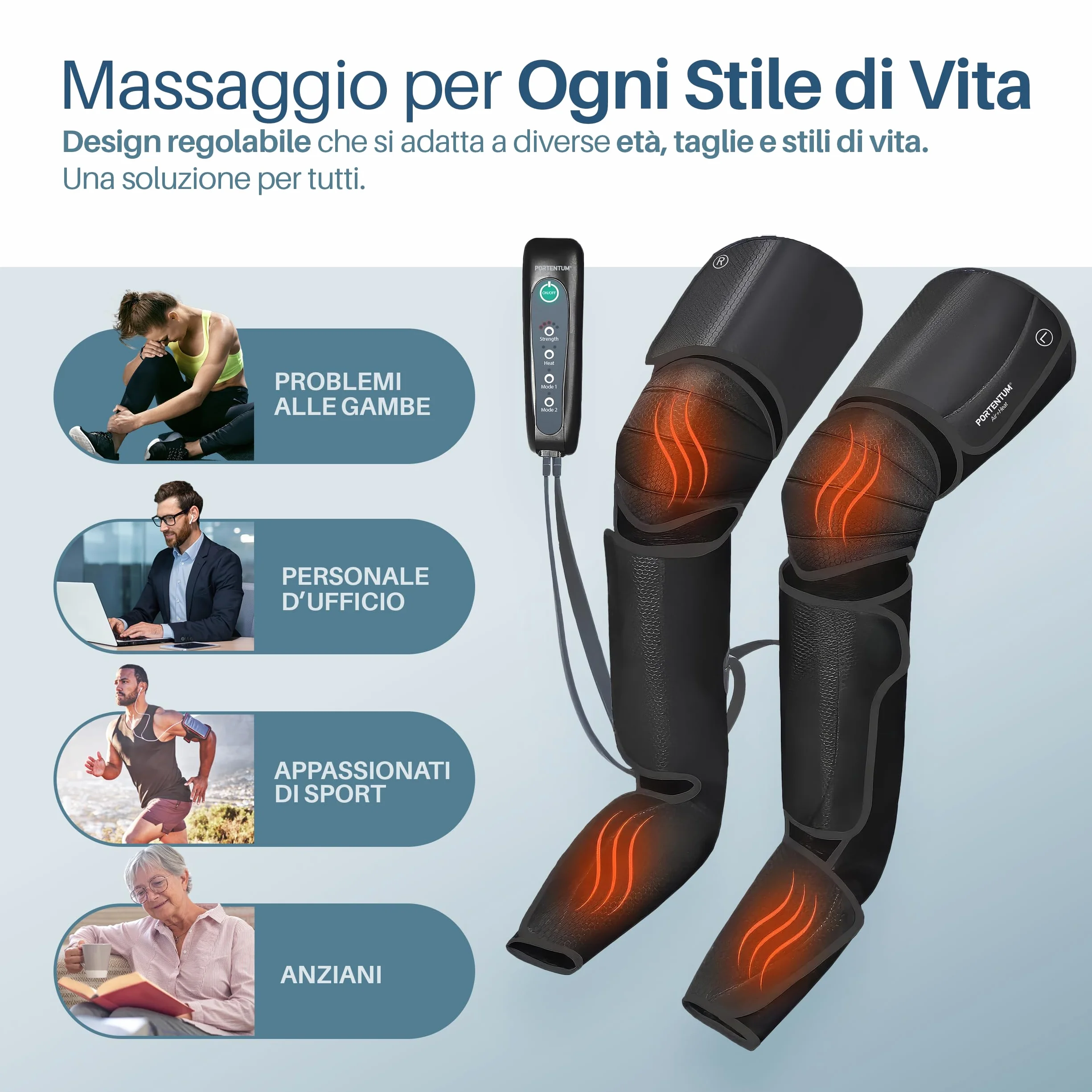 PORTENTUM Pressoterapia linfodrenaggio – Massaggiatore gambe con calore regolabile – 5 intensità compressione ad aria – Telecomando – Sollievo gambe stanche e migliore circolazione – Borsa trasporto