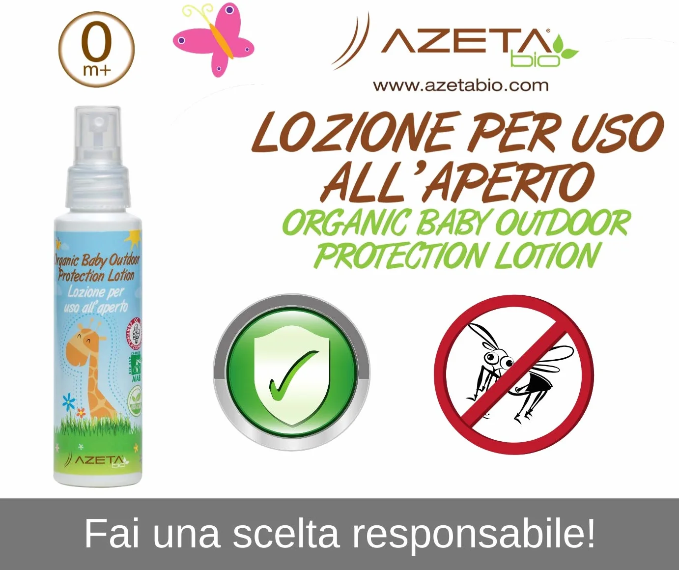 Lozione biologica protettiva per uso all'aperto a rapido assorbimento con oli essenziali di geranio e lavanda - AZETAbio - Linea Bimbi - 100 ml - Made in Italy