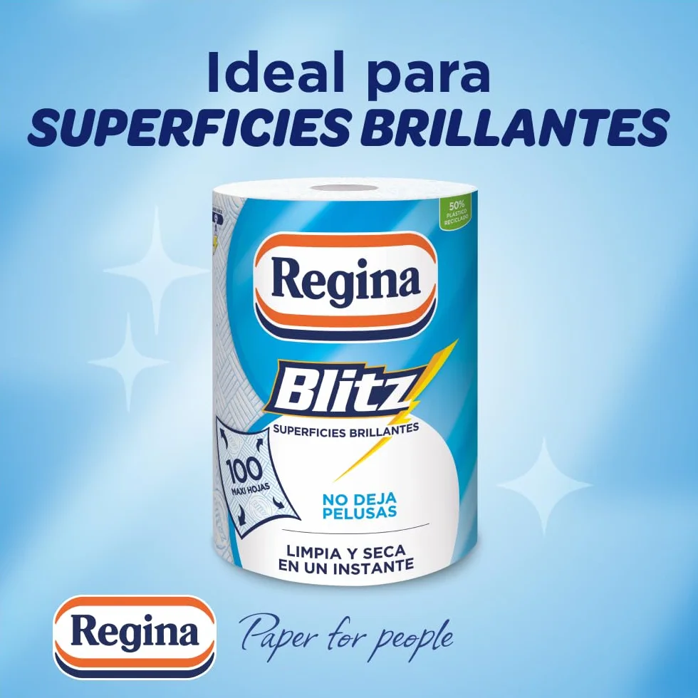 Regina Blitz - Carta da cucina | 5 rotoli | 100 fogli a 3 strati | Ideale per la pulizia delle superfici domestiche | senza pelucchi | Imballaggio in carta riciclabile | Carta 100% certificata FSC