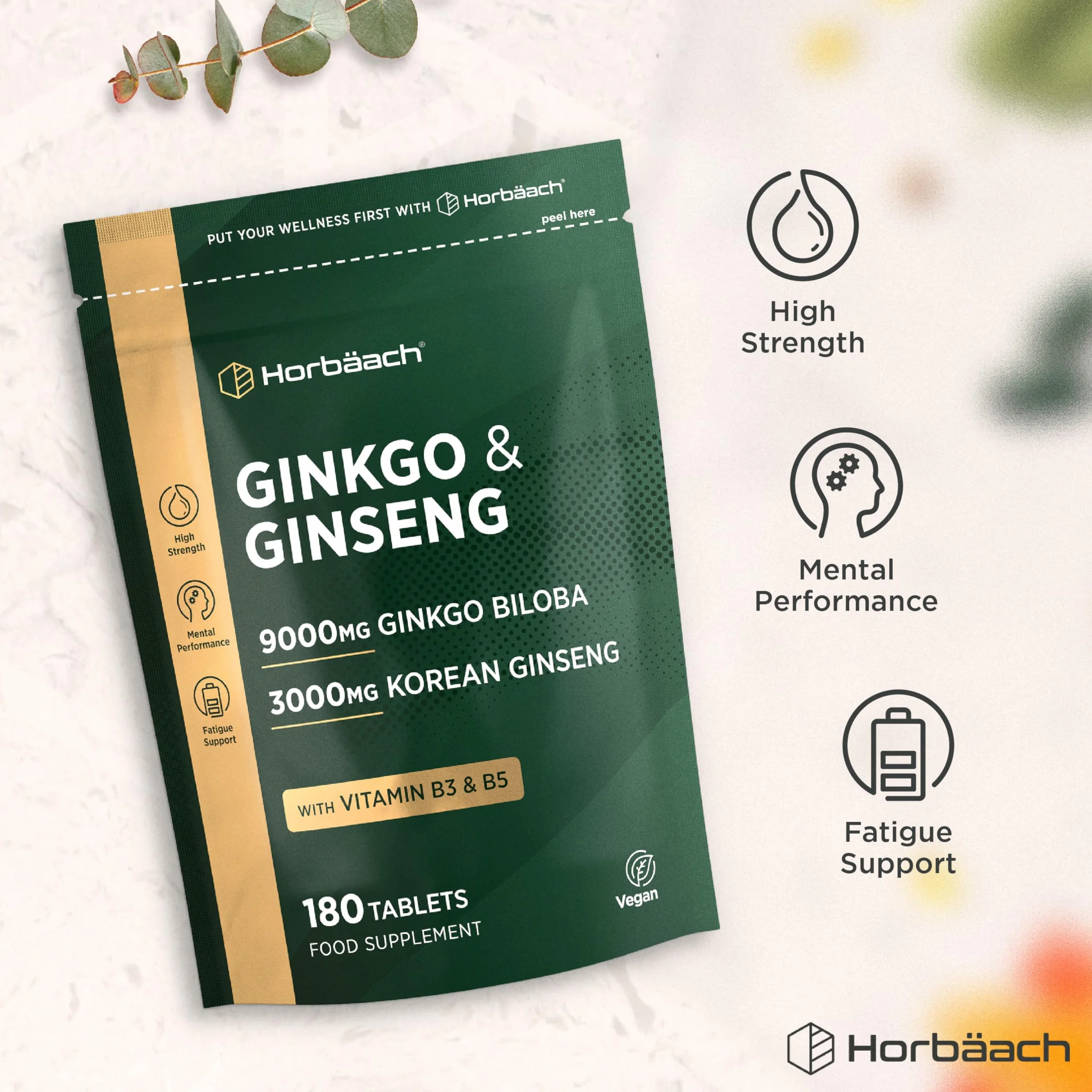 Horbaach Ginkgo Biloba e Ginseng Integratore 9000 mg 3000 mg 180 compresse vegane
