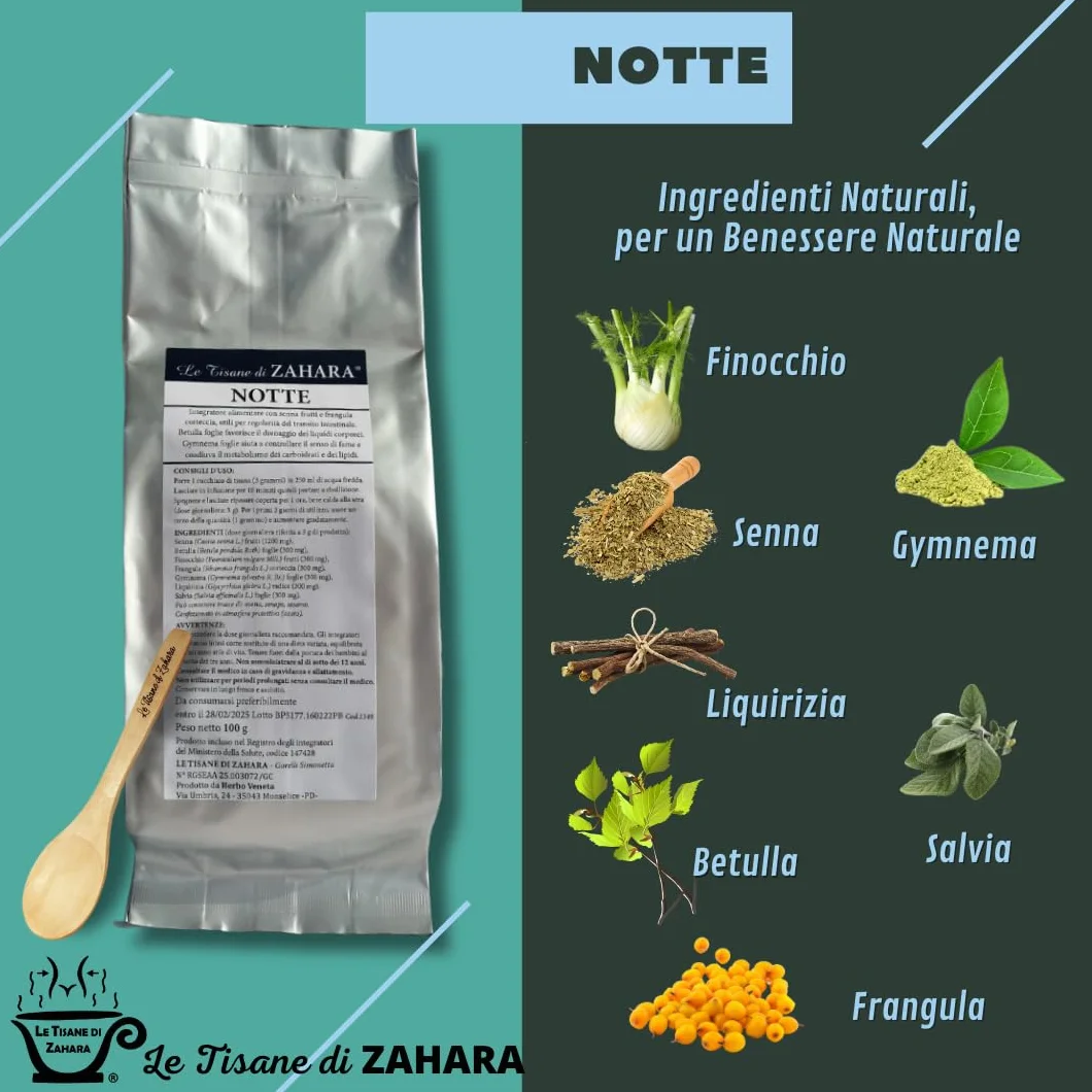 Le Tisane di Zahara Tisana Notte Miscela di Erbe, Infuso Serale con Senna e Finocchio, Contrasta la Ritenzione Idrica di Pancia e Gambe, Aiuta a Dormire Bene, Formula Vegetale, 100gr