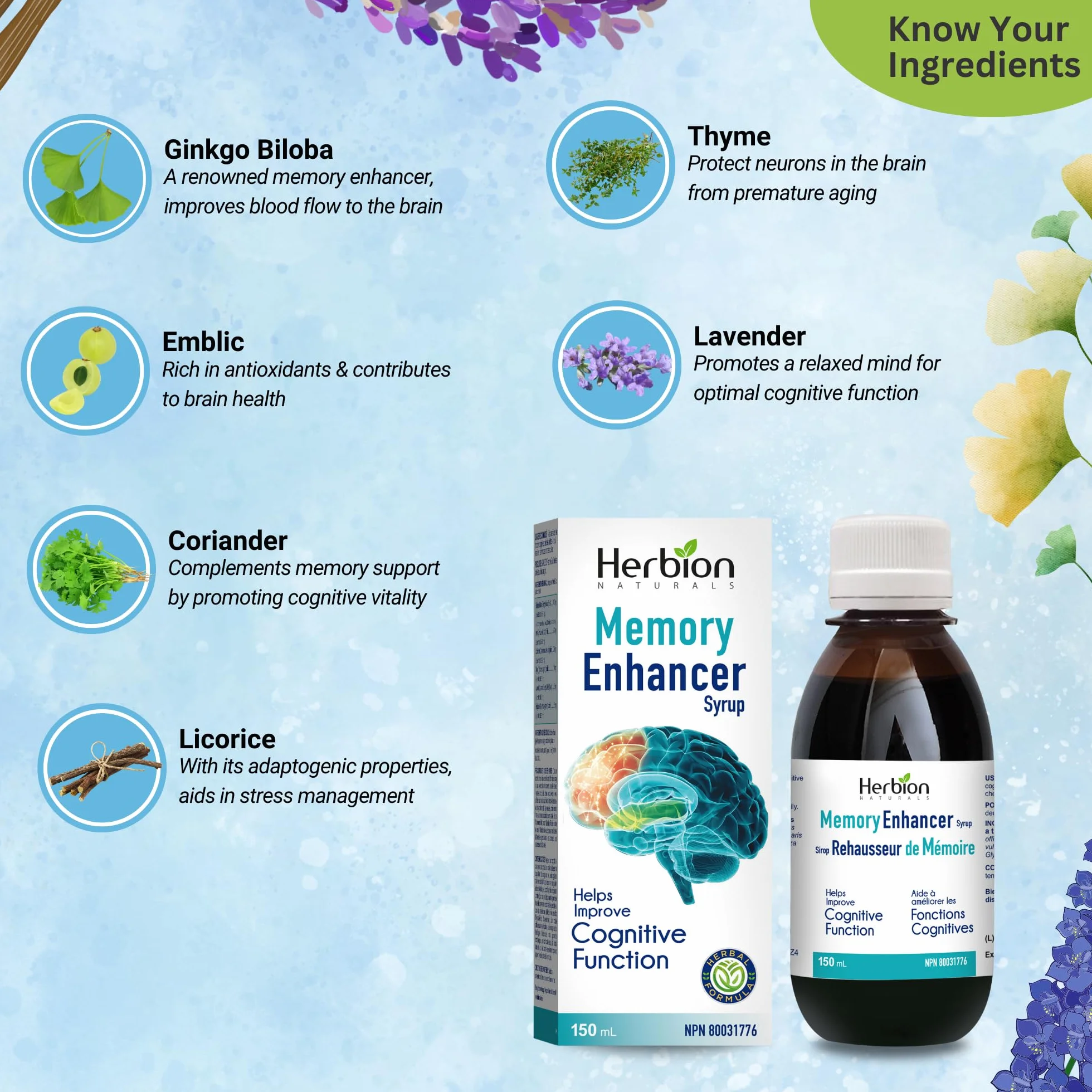Herbion Naturals Amplificatore di memoria aiuta a migliorare le funzioni cognitive Sciroppo di liquirizia per adulti 150ml