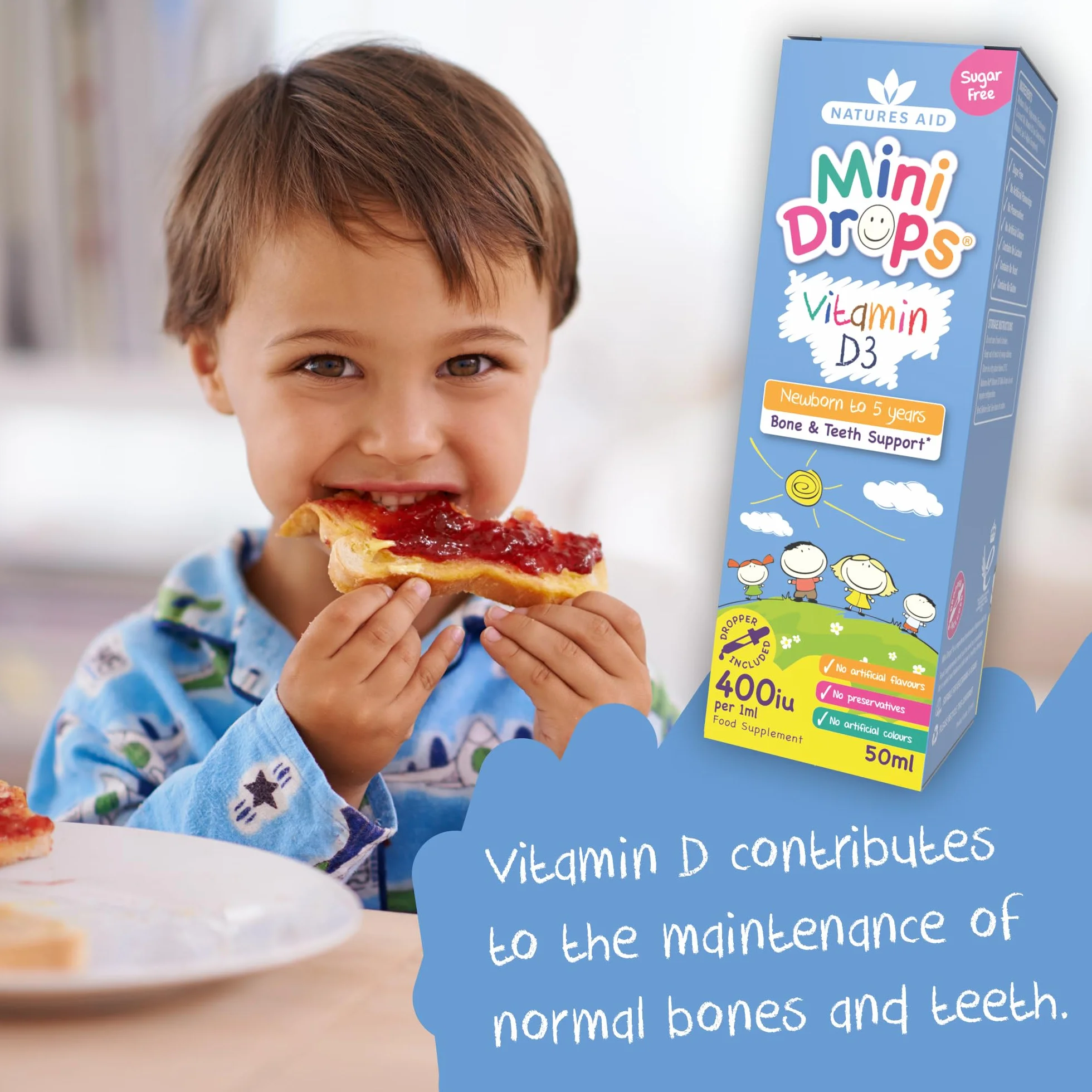 Natures Aid Mini Drops Vitamina D3 50ml per Neonati e Bambini, Supporto per Ossa, Denti e Sistema Immunitario, Senza Zucchero, Vegano, Senza Glutine, Sostegno alla Crescita per Bambini da 0 a 5 Anni