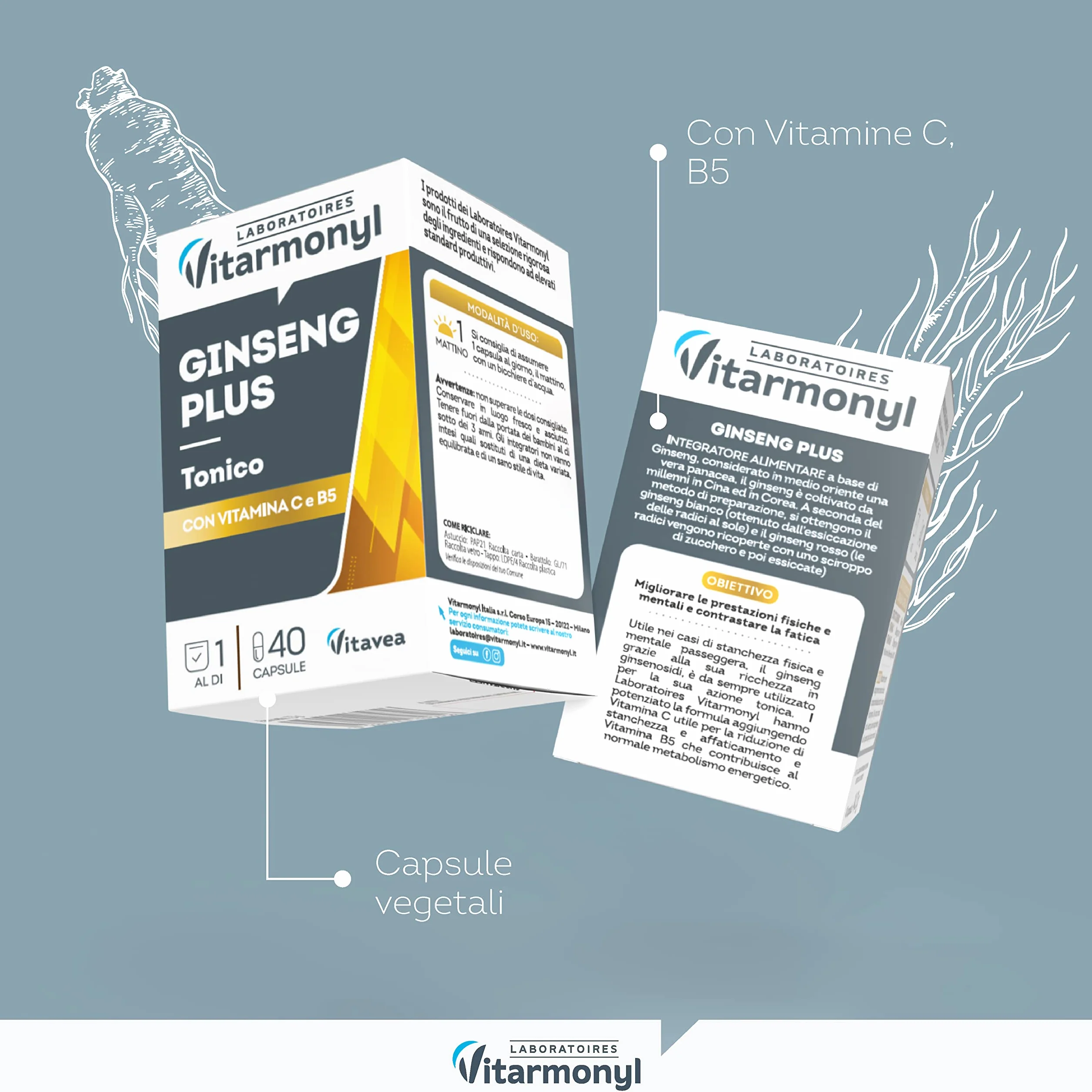 Vitarmonyl Ginseng Plus Tonico Integratore Alimentare 40 Capsule Estratto di Ginseng Vitamina C B5
