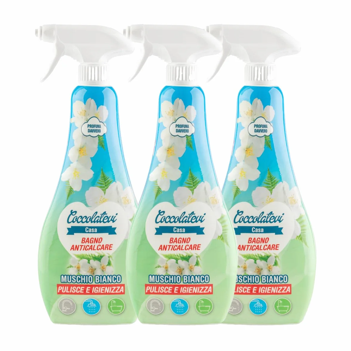 COCCOLATEVI Spray Anticalcare Bagno Muschio Bianco 750 ml x 3 Detergente Bagno