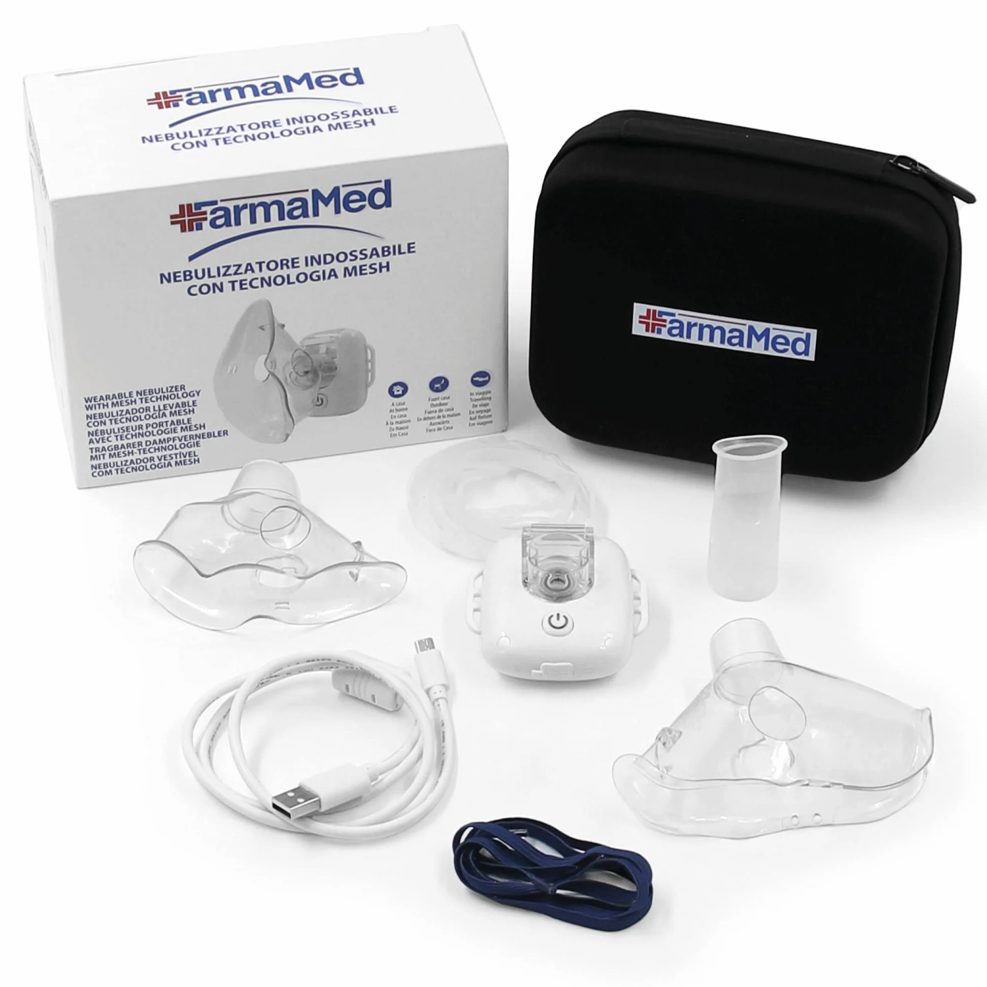 FARMAMED Aerosol Nebulizzatore Indossabile Tecnologia Mesh Silenzioso Portatile per bambini e adulti con boccaglio e maschere, Batteria ricaricabile con cavo USB, custodia inclusa