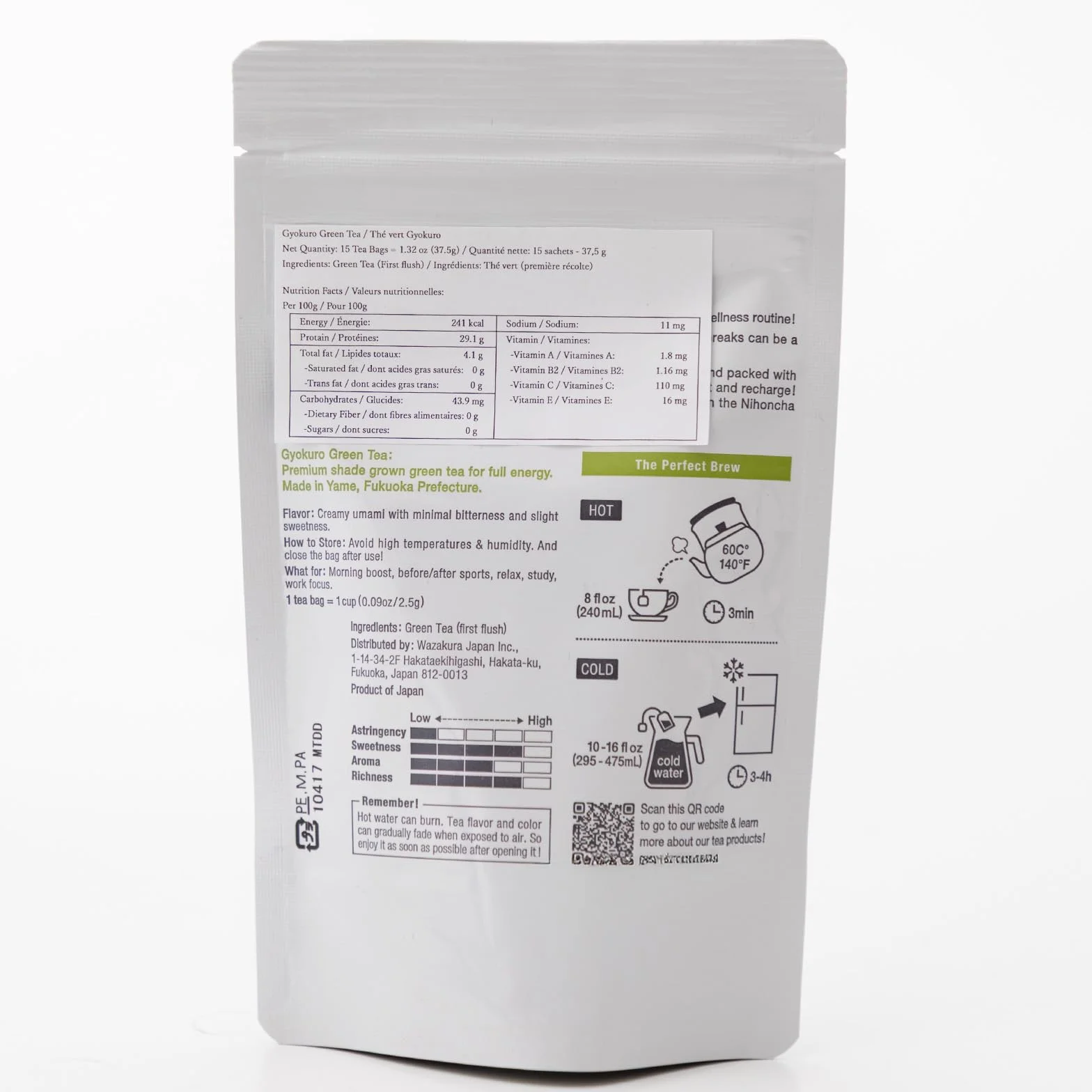 Asayu Japan Tè Verde Giapponese Gyokuro15 Bustine - Tè Verde Giapponese Premium Coltivato all'Ombra 2,5 gr x 15 bustine per Energia e Sprint Mattutino (Tè Verde Gyokuro)