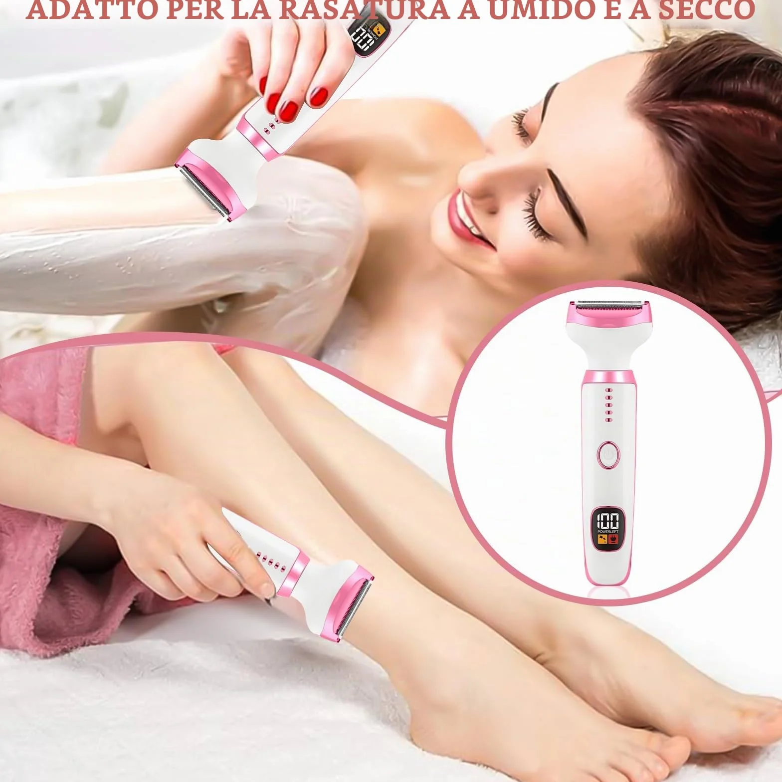 Rasoio Elettrico Donna, 5 in 1 Rasoio Elettrico Donna, Epilatore Intimo Donna, Utilizzo a Secco e Bagnato, per Bikini, Ascelle, Gambe, Sopracciglia e Naso, con Display LED, Ricarica USB