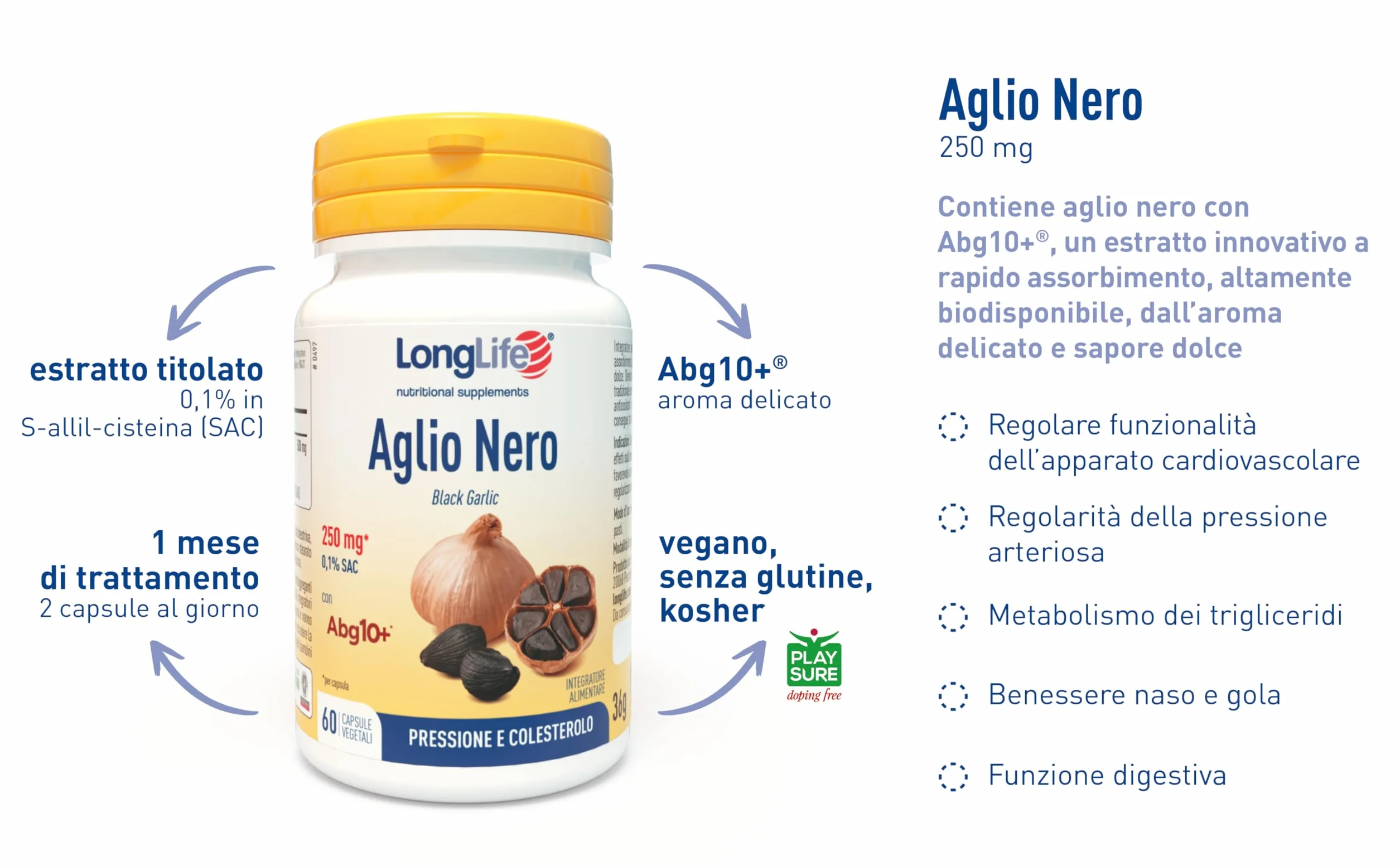 LongLife® Aglio Nero | Estratto fermentato 250mg | Titolato in S-allil-cisteina (SAC) 0,1% | Supporto cardiovascolare e antiossidante | Fino a 1 mese di trattamento | Vegano e Senza glutine