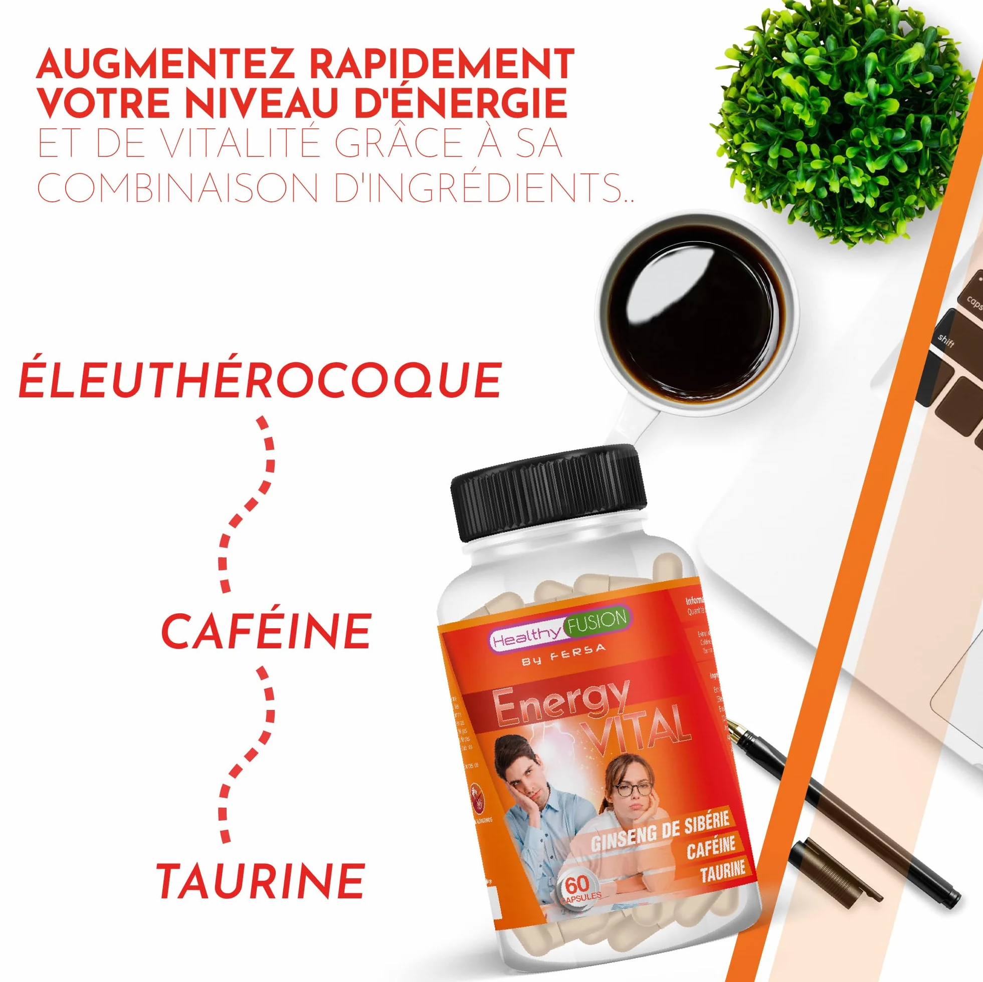 Healthy Fusion Energy Vital | Formula energizzante e anti-fatica efficace | Eleuterococco + Taurina + Caffeina | Stimolante 100% naturale | Migliora e potenzia le performance fisiche e mentali | 60u