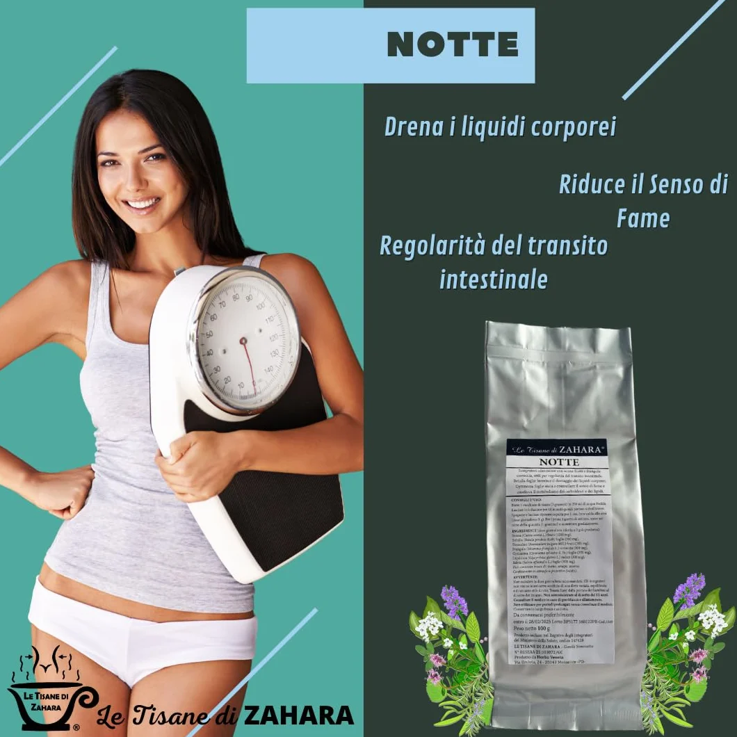 Le Tisane di Zahara Tisana Notte Miscela di Erbe, Infuso Serale con Senna e Finocchio, Contrasta la Ritenzione Idrica di Pancia e Gambe, Aiuta a Dormire Bene, Formula Vegetale, 100gr
