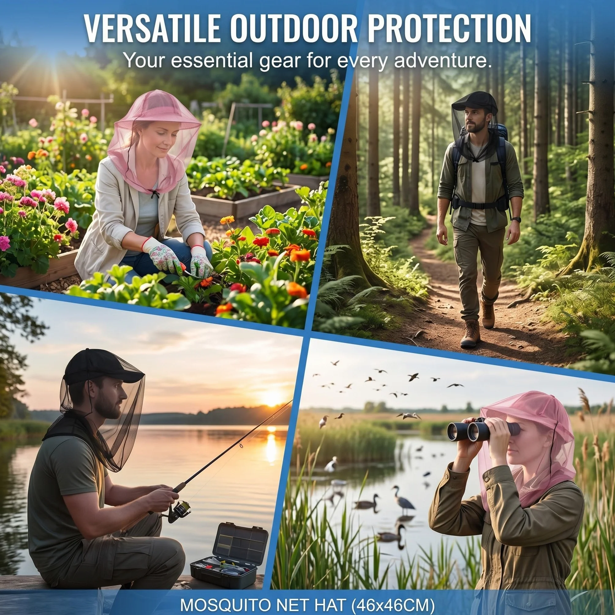 Cappello con Rete Antizanzare 46x46cm per Esterno Protezione Insetti Pesca Trekking Apicoltura Nero Rosa