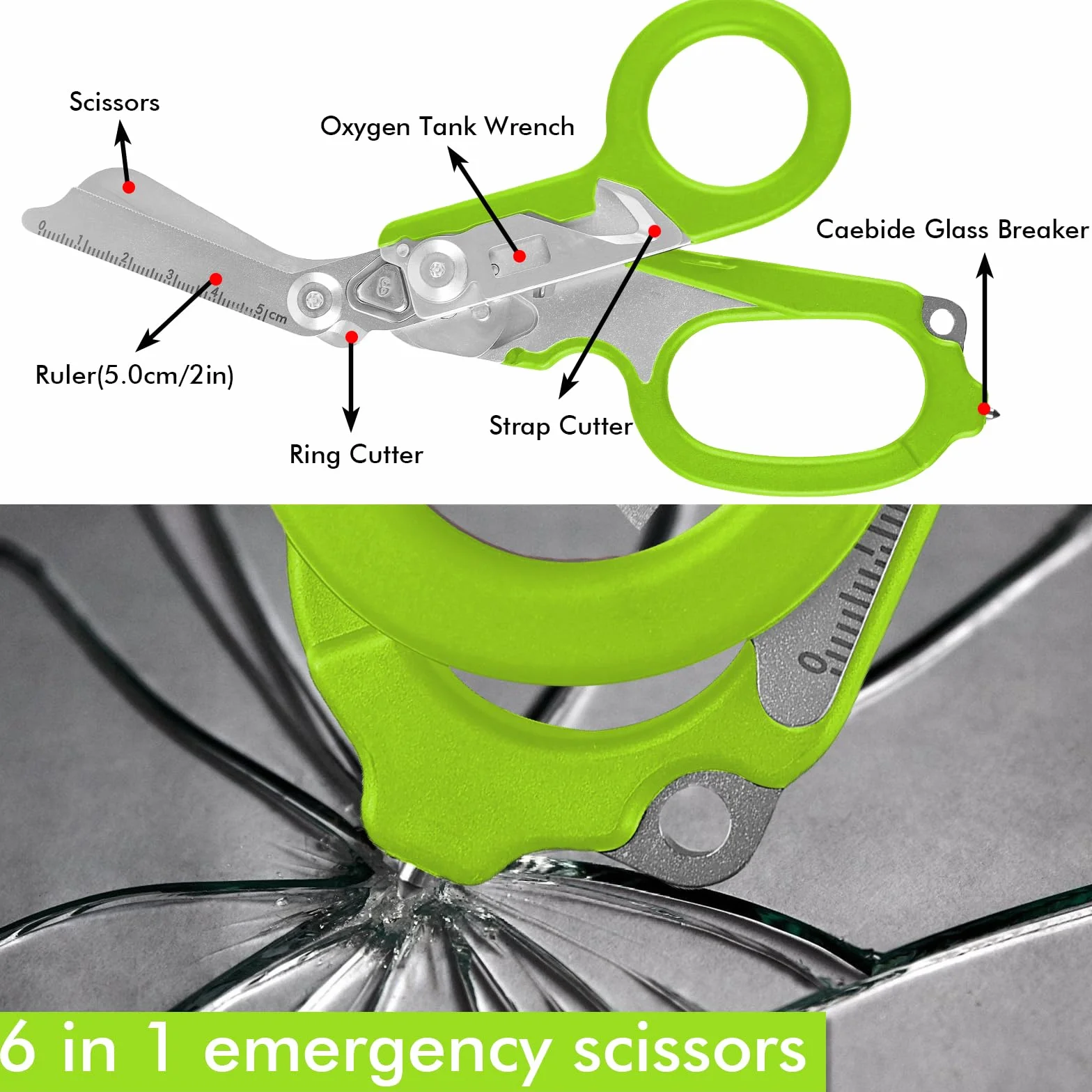 Forbici Trauma: Strumento Multifunzionale 6-In-1 In Acciaio Inossidabile, Pieghevole, Con Frangivetro E Cutter Per Cinture, Per Interventi Di Soccorso (Verde)