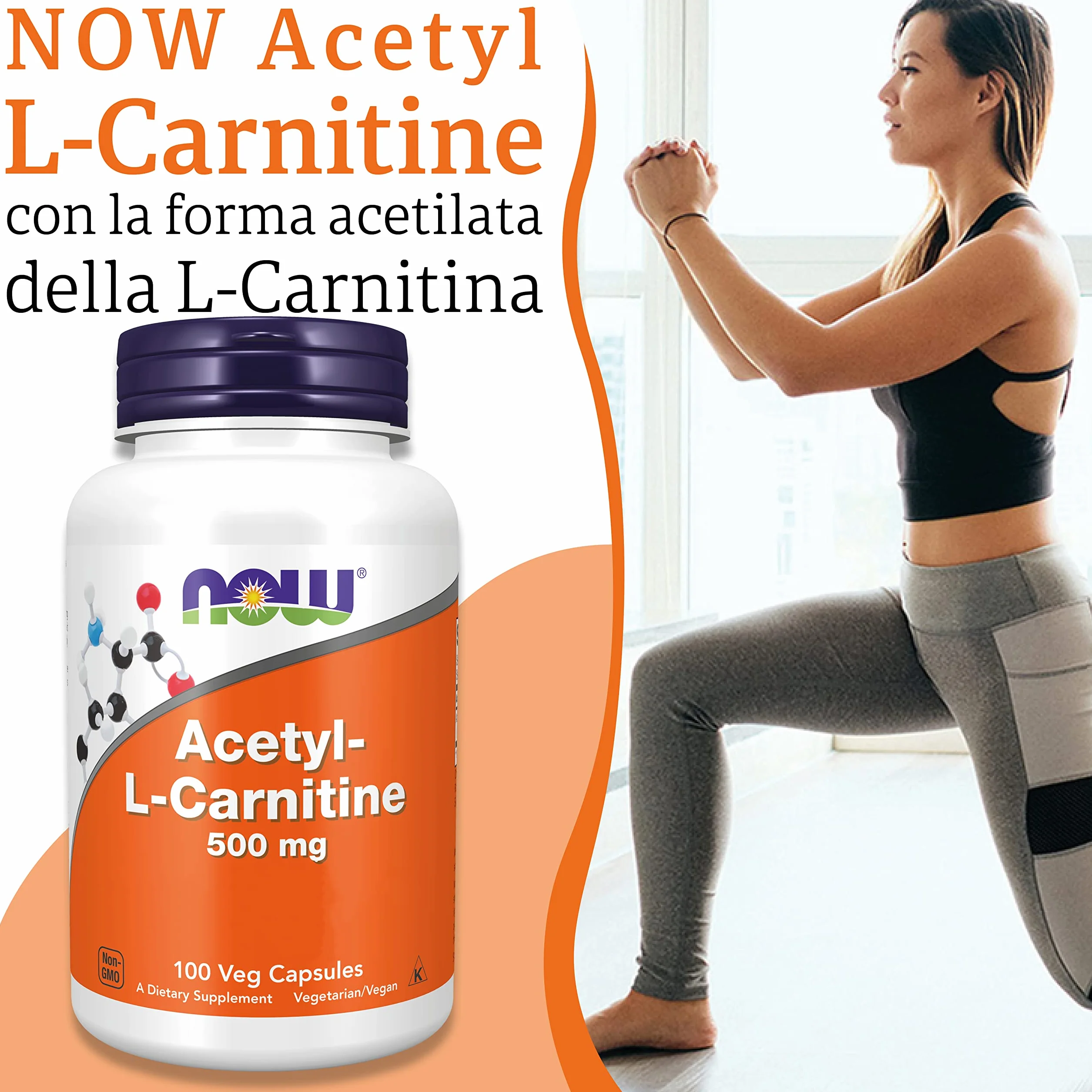 Now Foods Acetyl-L-Carnitine 500 mg 100 Capsule Vegane Aminoacido
