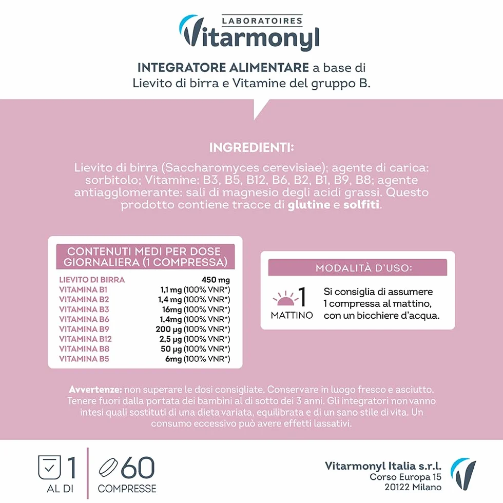 Vitarmonyl Lievito di Birra 60 Compresse per Capelli e Pelle con Biotina e Vitamine B1, B2, B3, B6, B9, B12