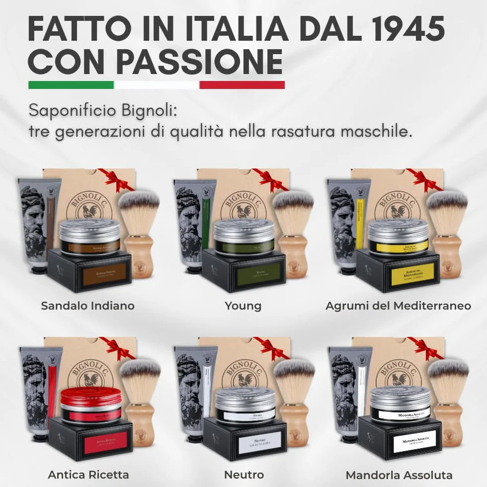 Bignoli Set Rasatura Tradizionale – Kit Barba Uomo - Sapone da Barba 175g + Crema Dopobarba 75ml + Pennello | Qualità Artigianale - Set Regalo Uomo
